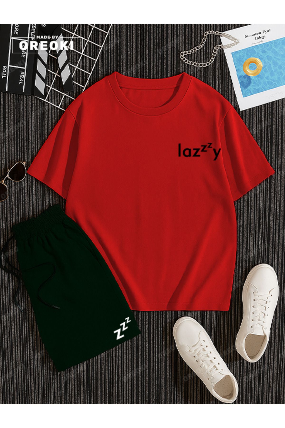 EFFRENATU Lazzzy Baskılı Pamuklu Unisex Kırmızı Tişört-Siyah Şort Takım
