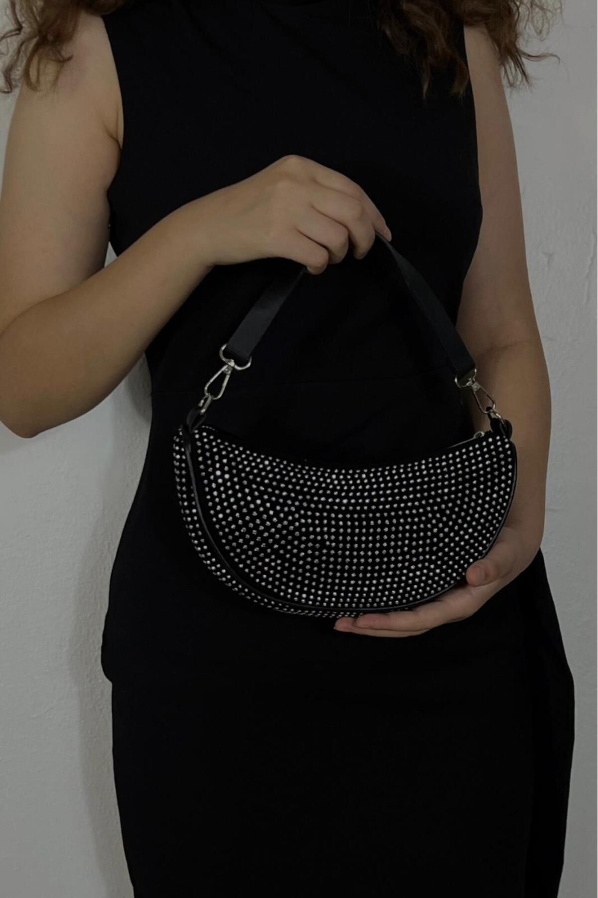 Mazel Design Kadın Yarım Ay Model Taşlı Portföy Omuz Çanta Siyah