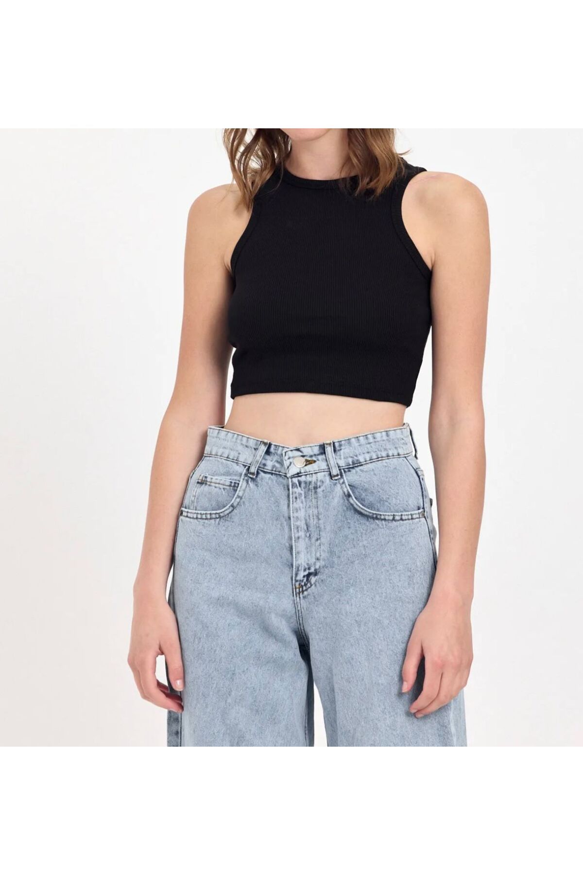 emseytrend Kadın Halter Yaka Fitilli Esnek Crop Atlet