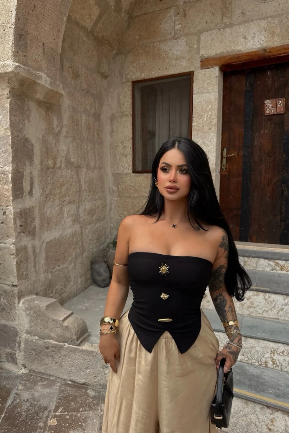 MOZENA Straplez Aksesuar Detaylı Ottoman Crop Bluz