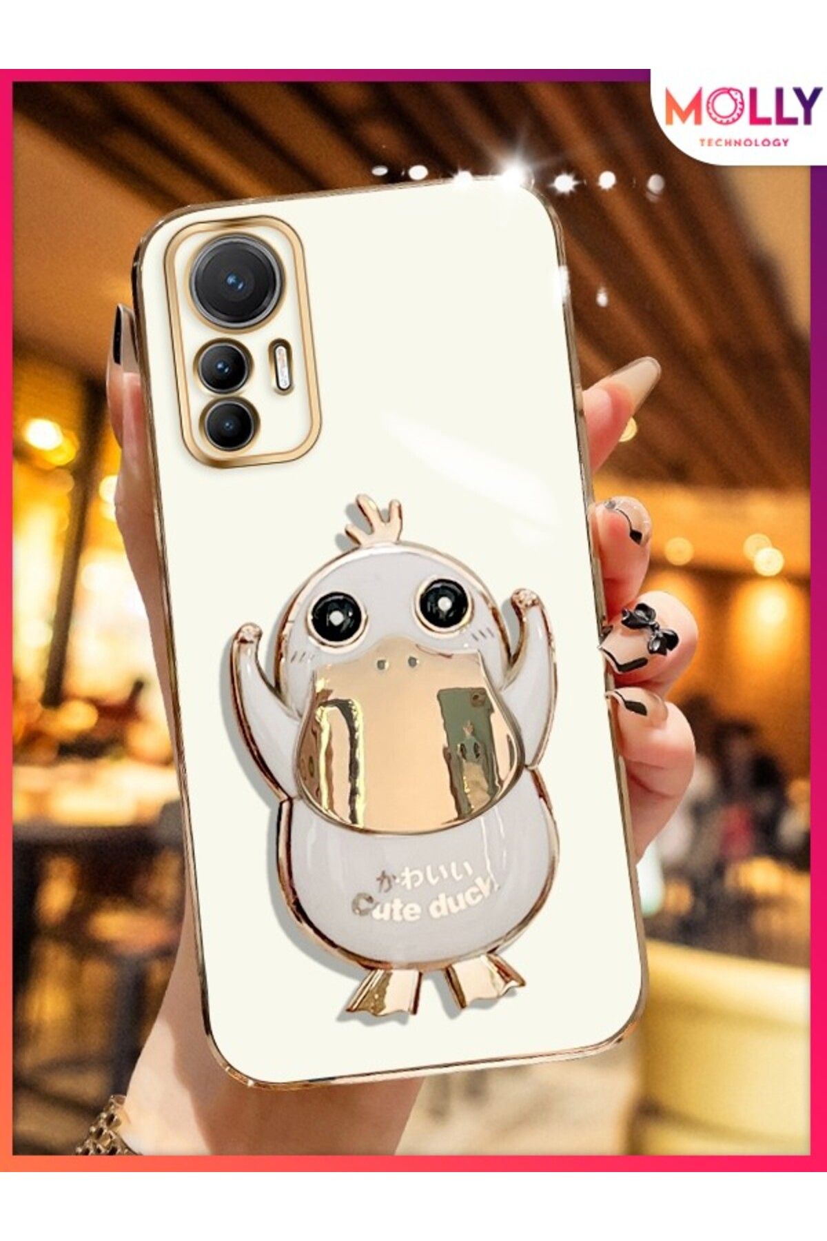 Molly Xiaomi Mi 12 LİTE İçin İnci Beyazı Sevimli Ördek Standlı Kenarları Gold Detaylı Lüks Silikon Kılıf