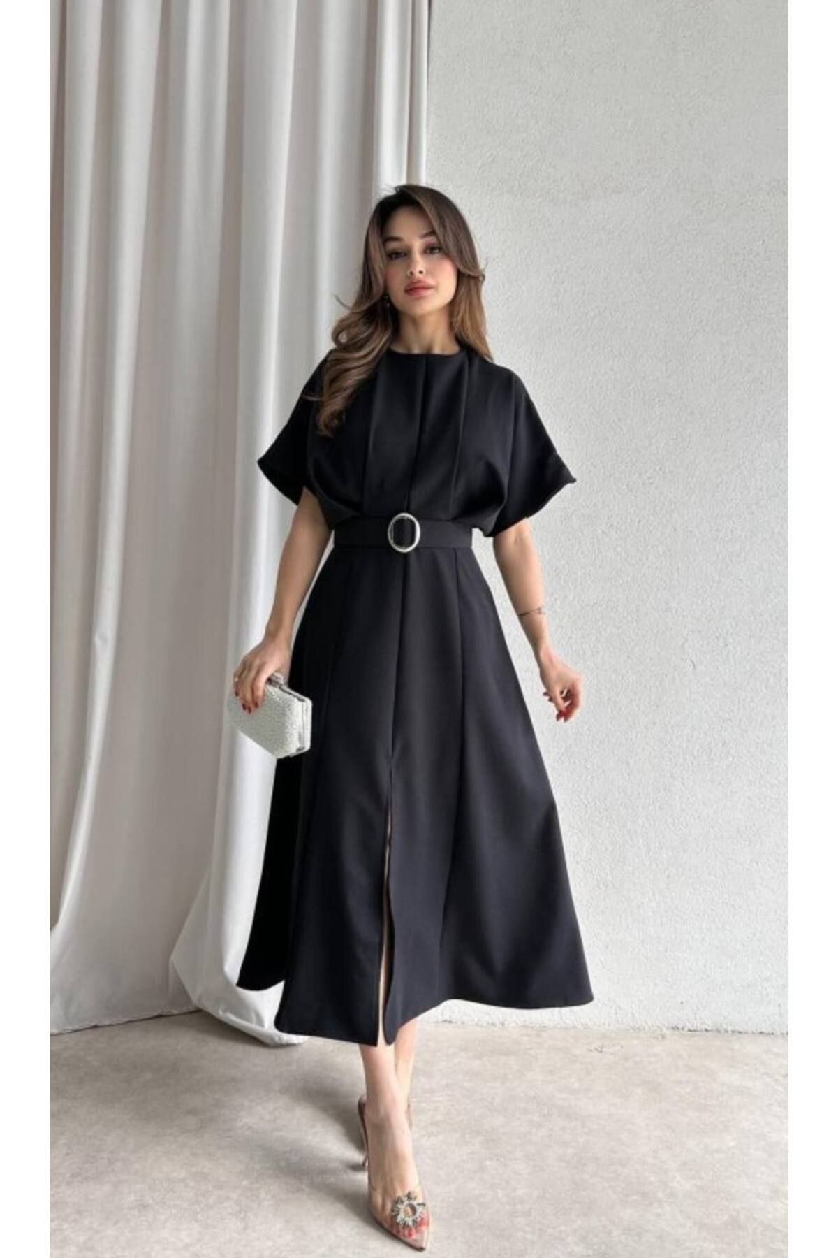 MEECY Maxi Siyah Kemerli Elbise