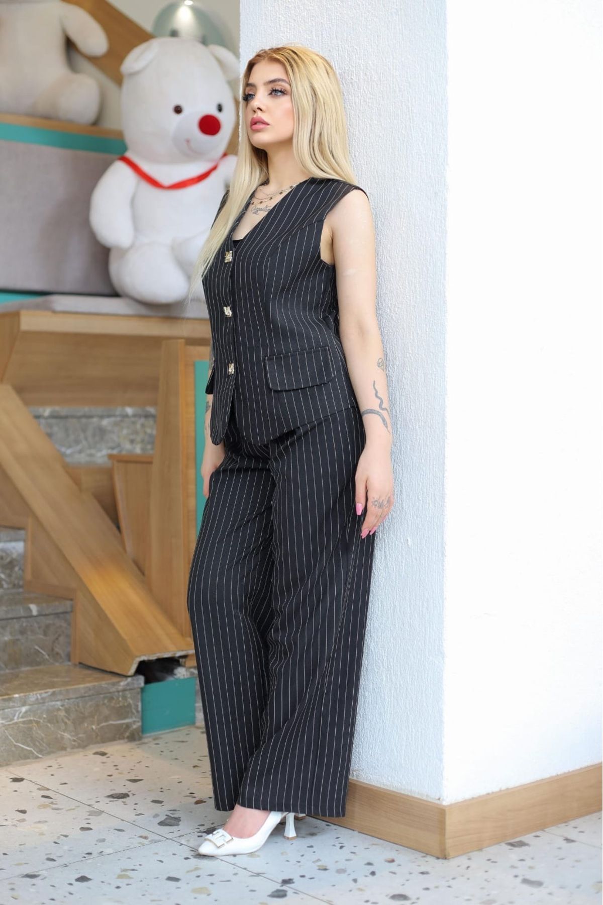 MC Boutique Çizgili Double Yelekli Takım®️