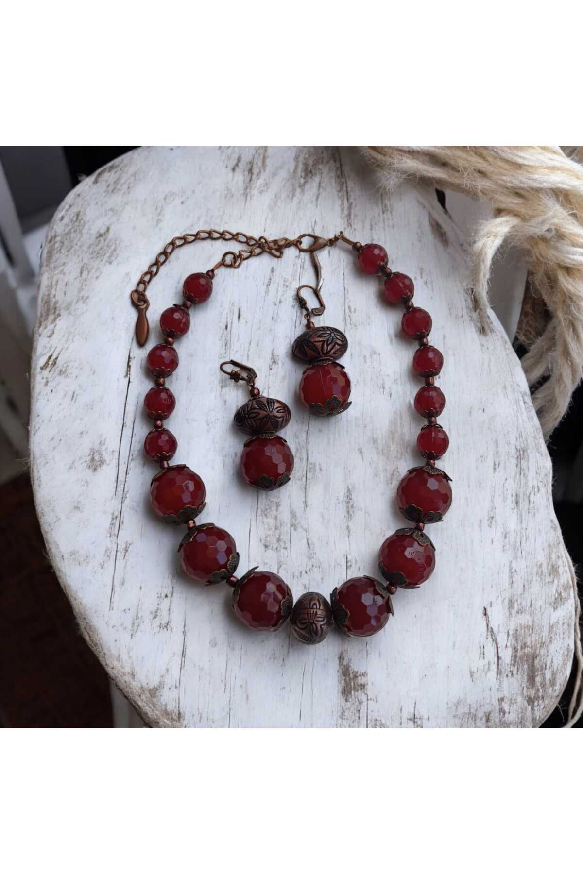 MandalinHome VİNTAGE TASARIM BORDO AKRİLİK BONCUKLU CHOKER KOLYE KÜPE SET