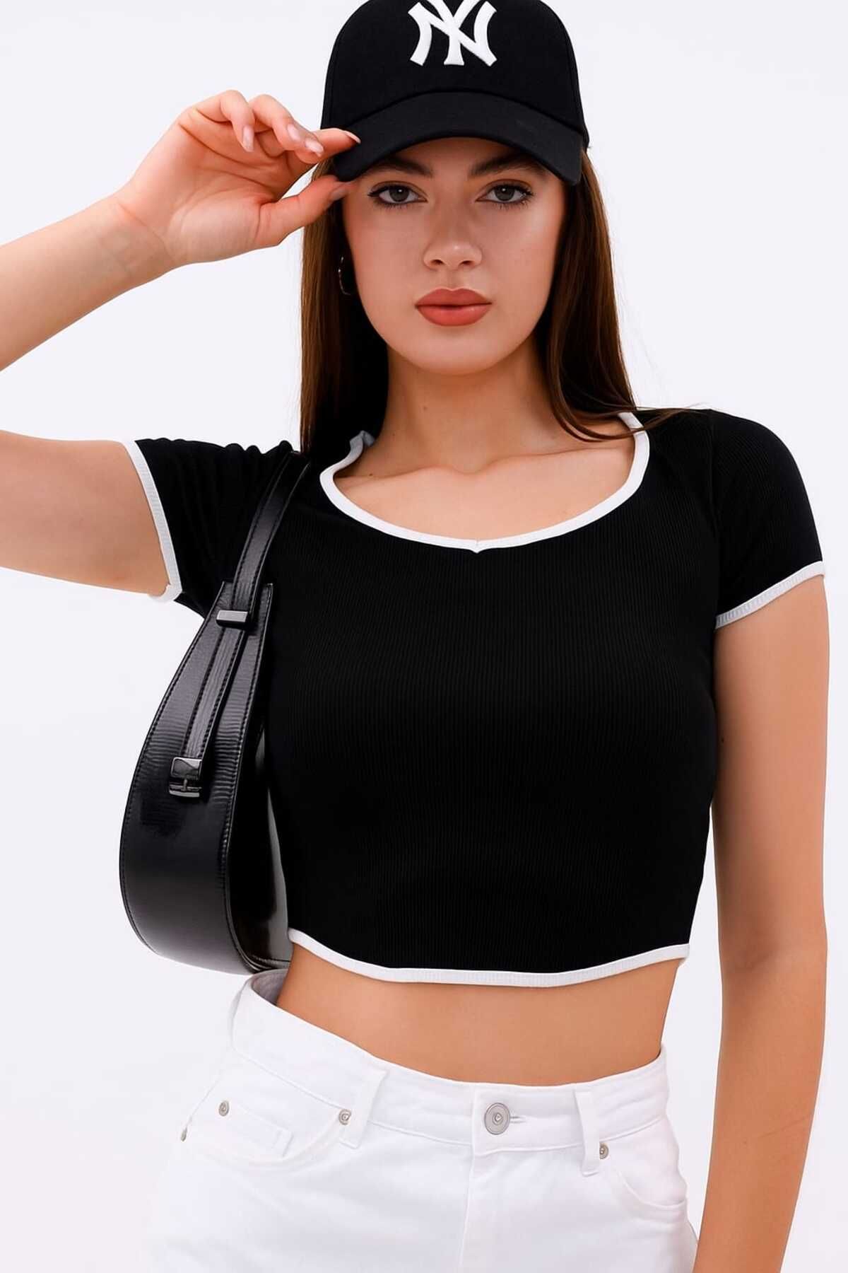AXXAN kadın crop kısa kollu biyeli bady crop bustiyer