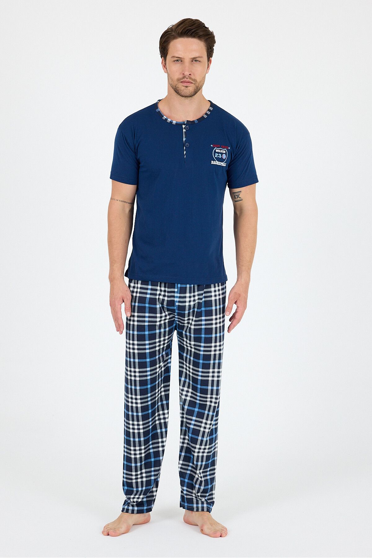 LadyMina Pijama Erkek Ekose Kısa Kollu Pijama Takım