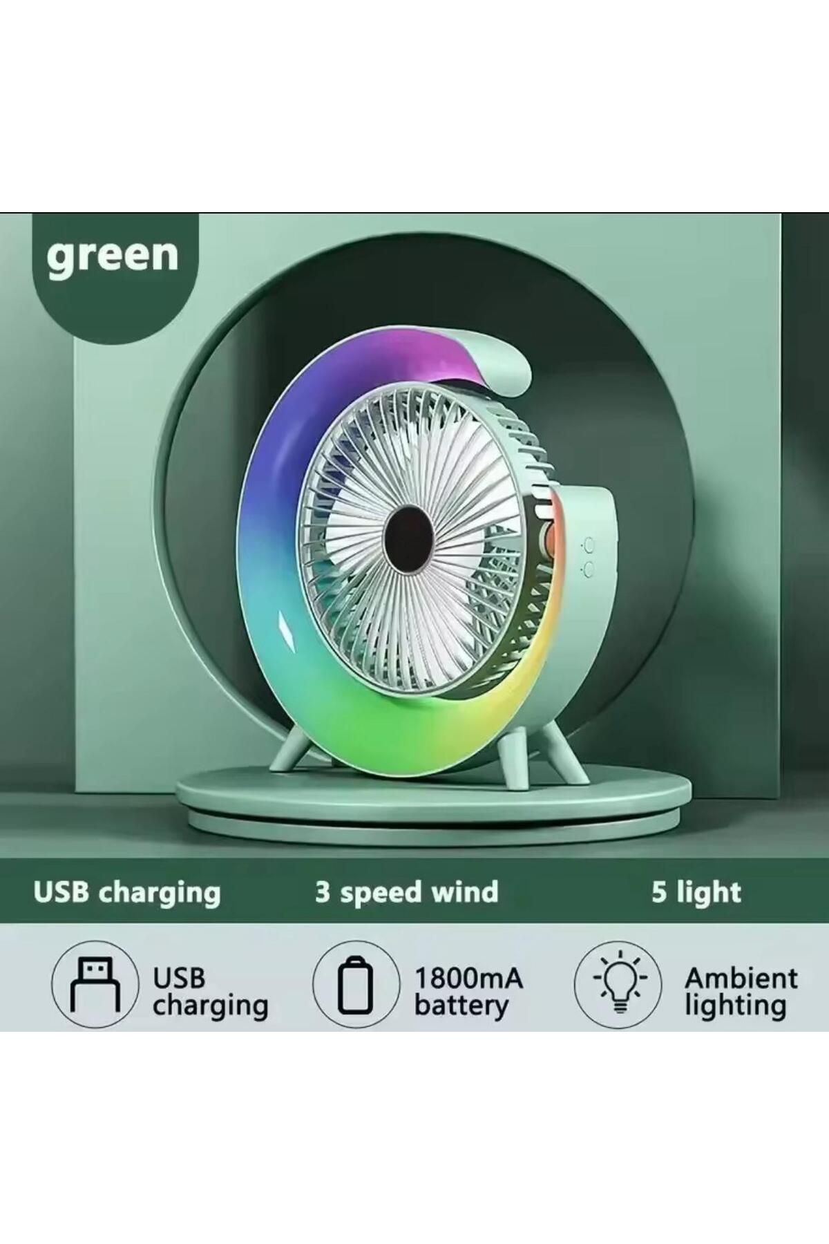 fortrek USB Şarj Edilebilir Fan LED 7 Renkli Döner Başlıklı