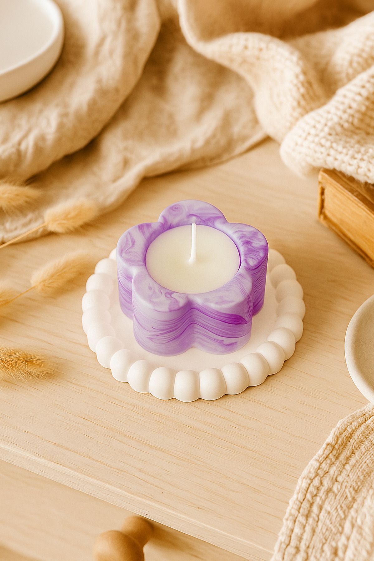 KASHERA Çiçek Şekilli Mor Mermer Mum 2'li Set – Taş Bubble Tabanlı Dekoratif & El Yapımı