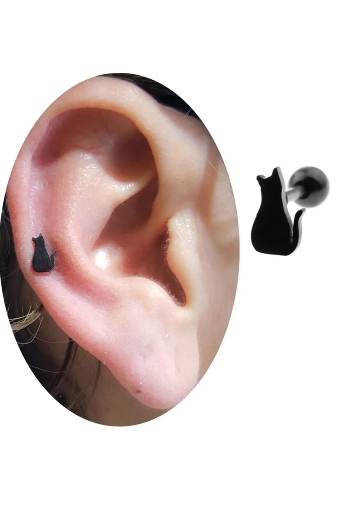 Cadının Dükkanı Çelik Siyah Kedi Tragus Helix Kıkırdak Piercing