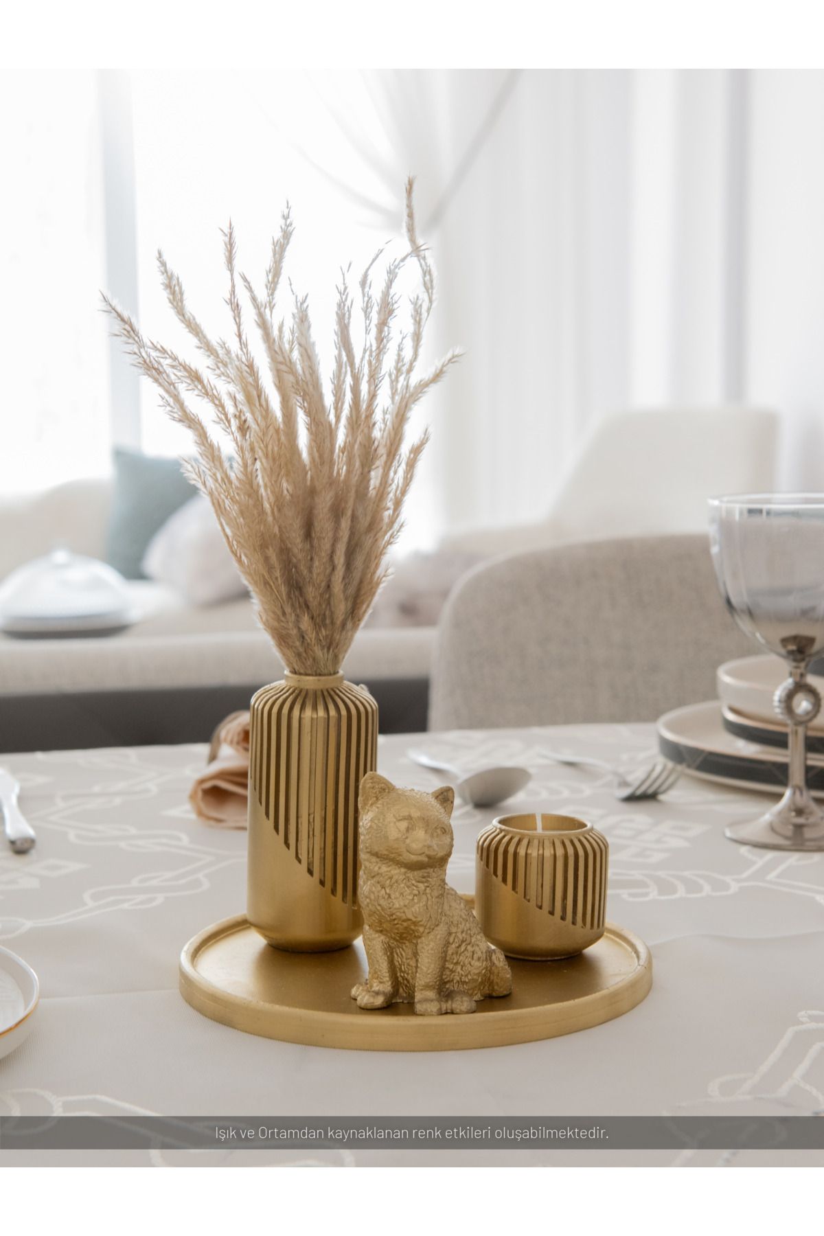 CreOr Golden Collection - Dekoratif 3'lü Set - Tüylük & Mumluk & Kedi Figürü