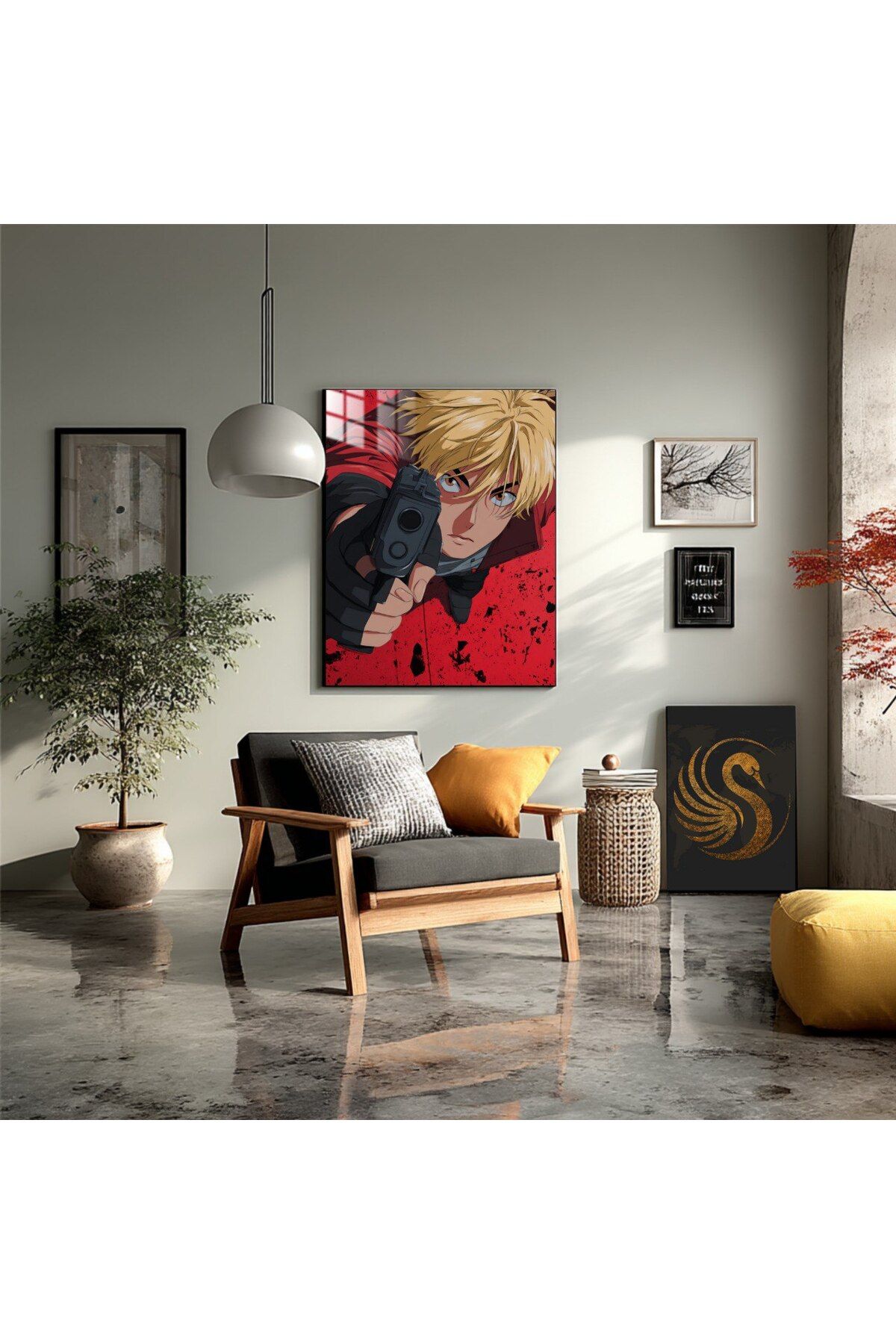 Lora Loom Anime Metal Poster – Vash the Stampede | Trigun Duvar Dekoru, Otaku Hediyesi, Kırmızı Arka Plan