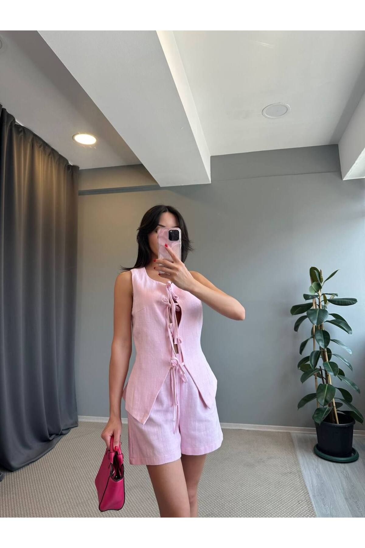 BOUQUET OF TULİP Keten Bağcıklı Sıfır Kollu Bluz Şort Takım