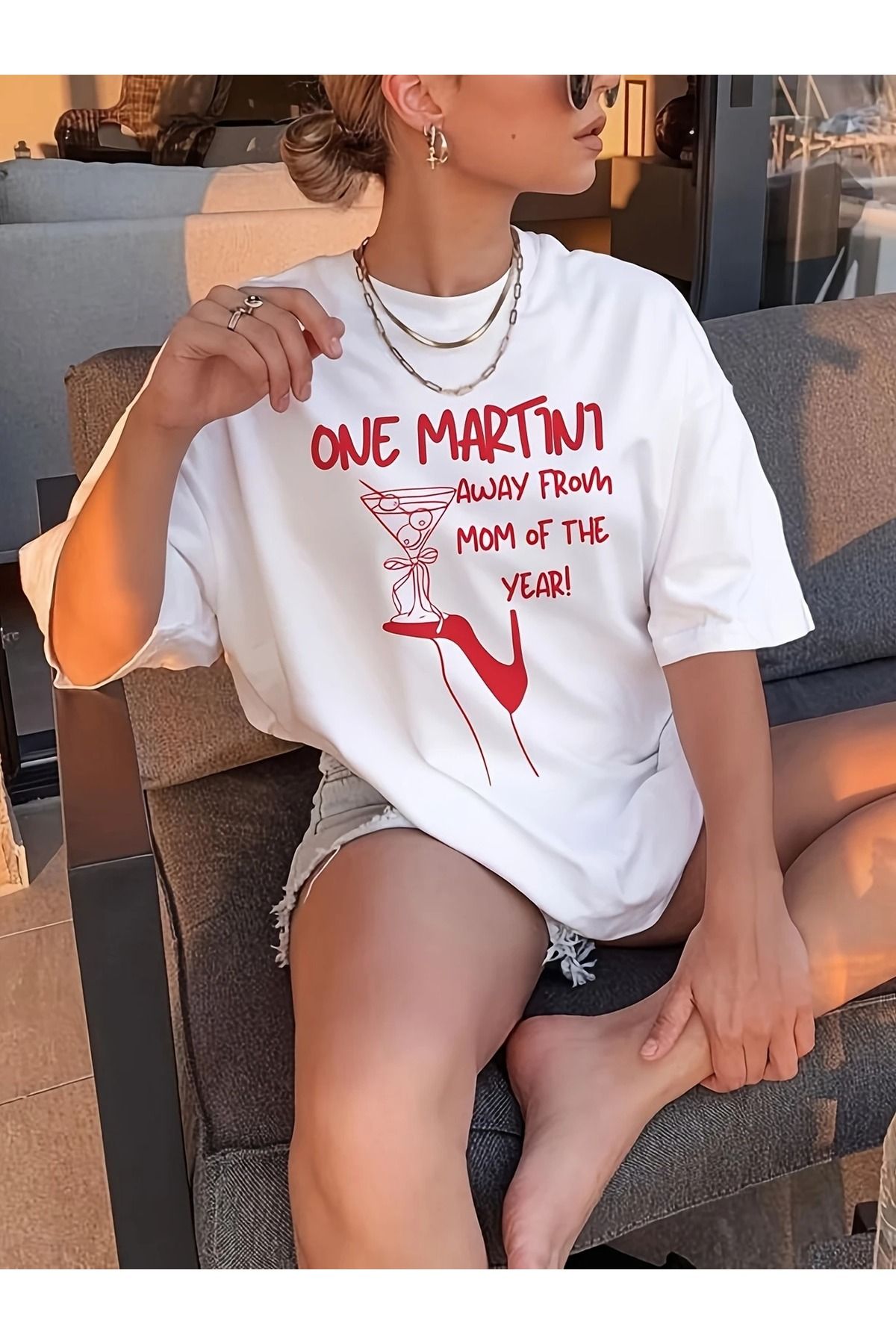 KEALVİ One Martini Baskılı Beyaz Kadın T-shırt -- Bisiklet Yaka Oversize