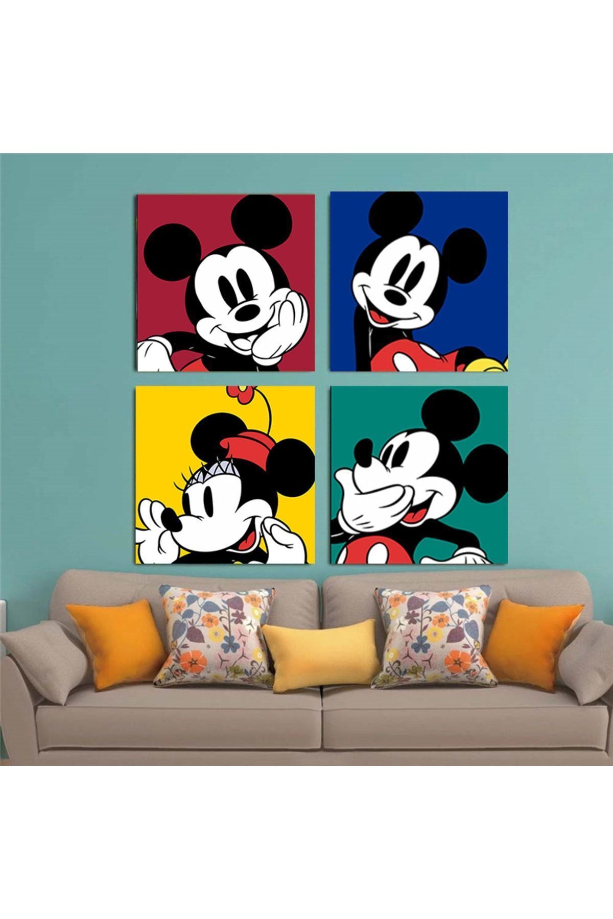 Elioure Renkli Minnie ve Mickey Mouse Çocuk Odası 4’lü Duvar Posteri Seti