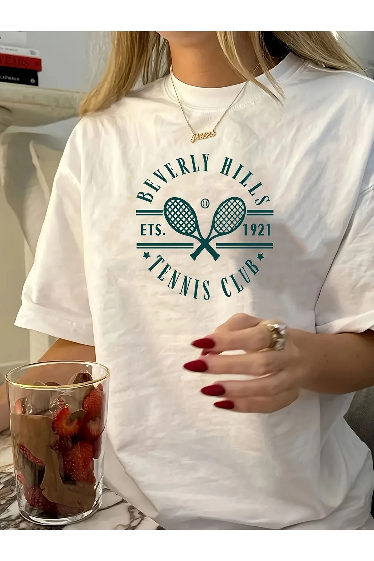 KEALVİ Beverly Hılls Baskılı Beyaz Kadın T-shırt -- Bisiklet Yaka Oversize