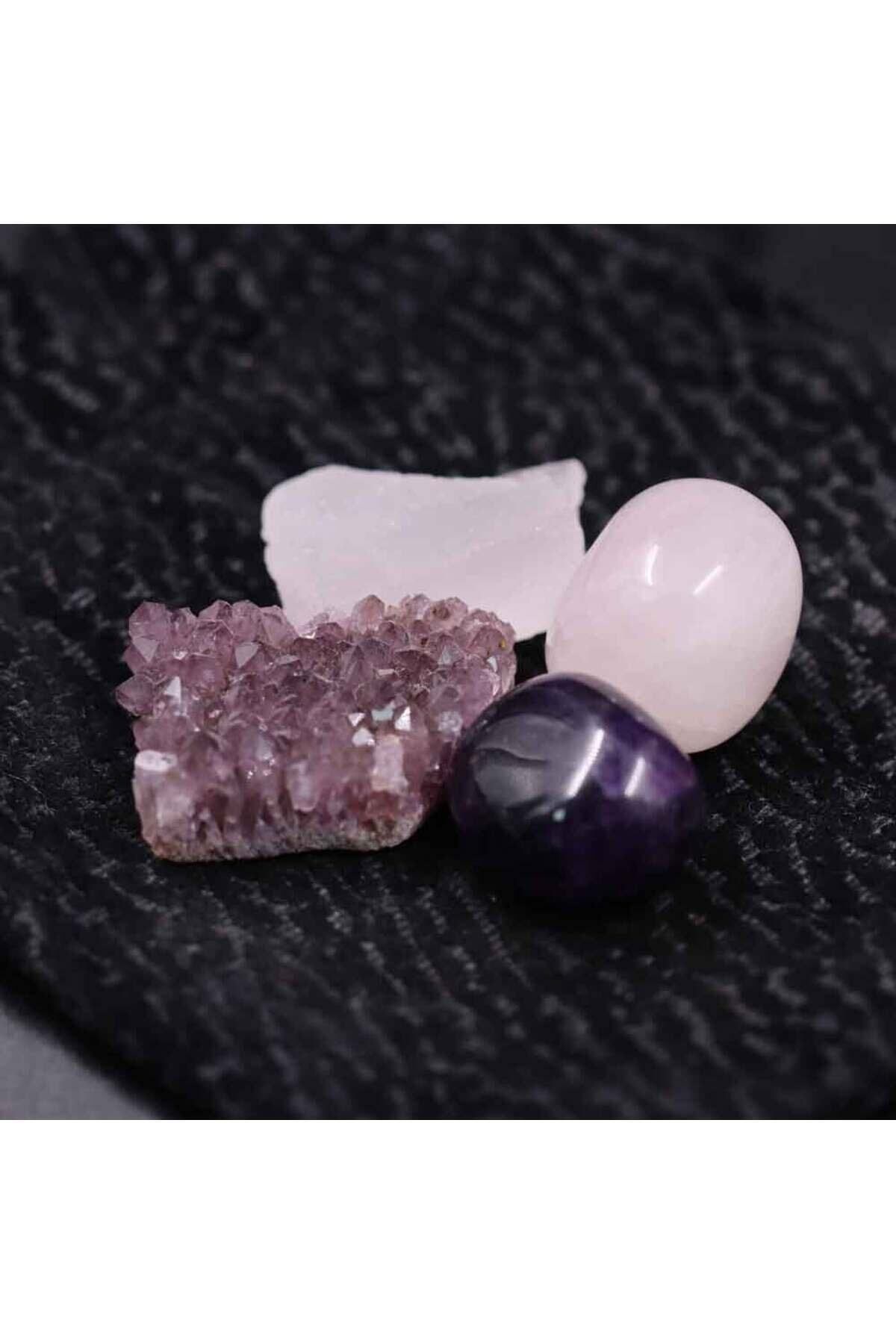 Elioure Doğal Ametist ve Pembe Kuvars Taşı 4'lü Set, Ham ve Tamburlu, 15/20gr