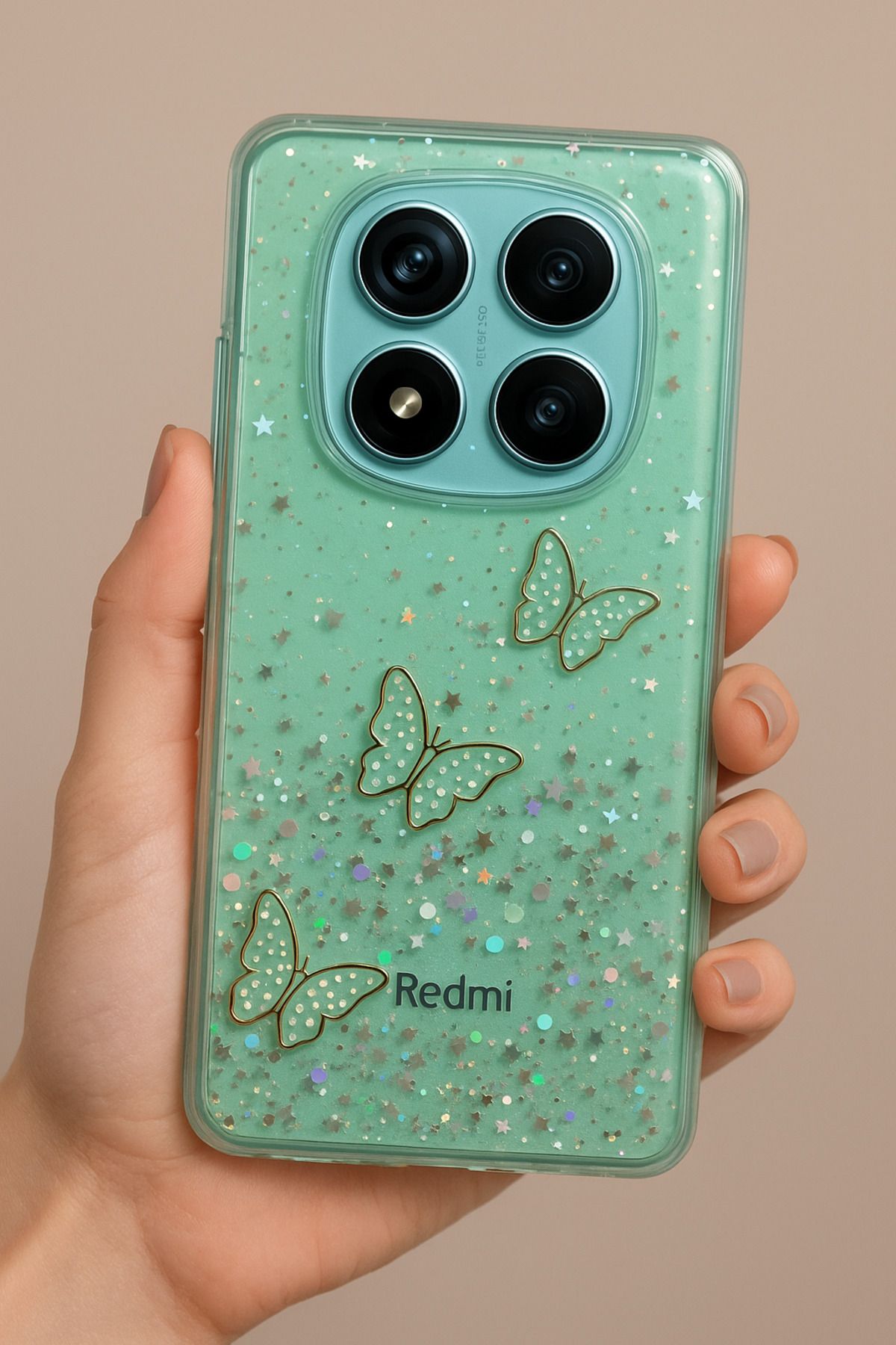 Rivor Xiaomi Redmi Note 14 Pro 5G Kılıf Kamera Çıkıntılı Simli Kelebek Kabartmalı Desenli İnce Kapak