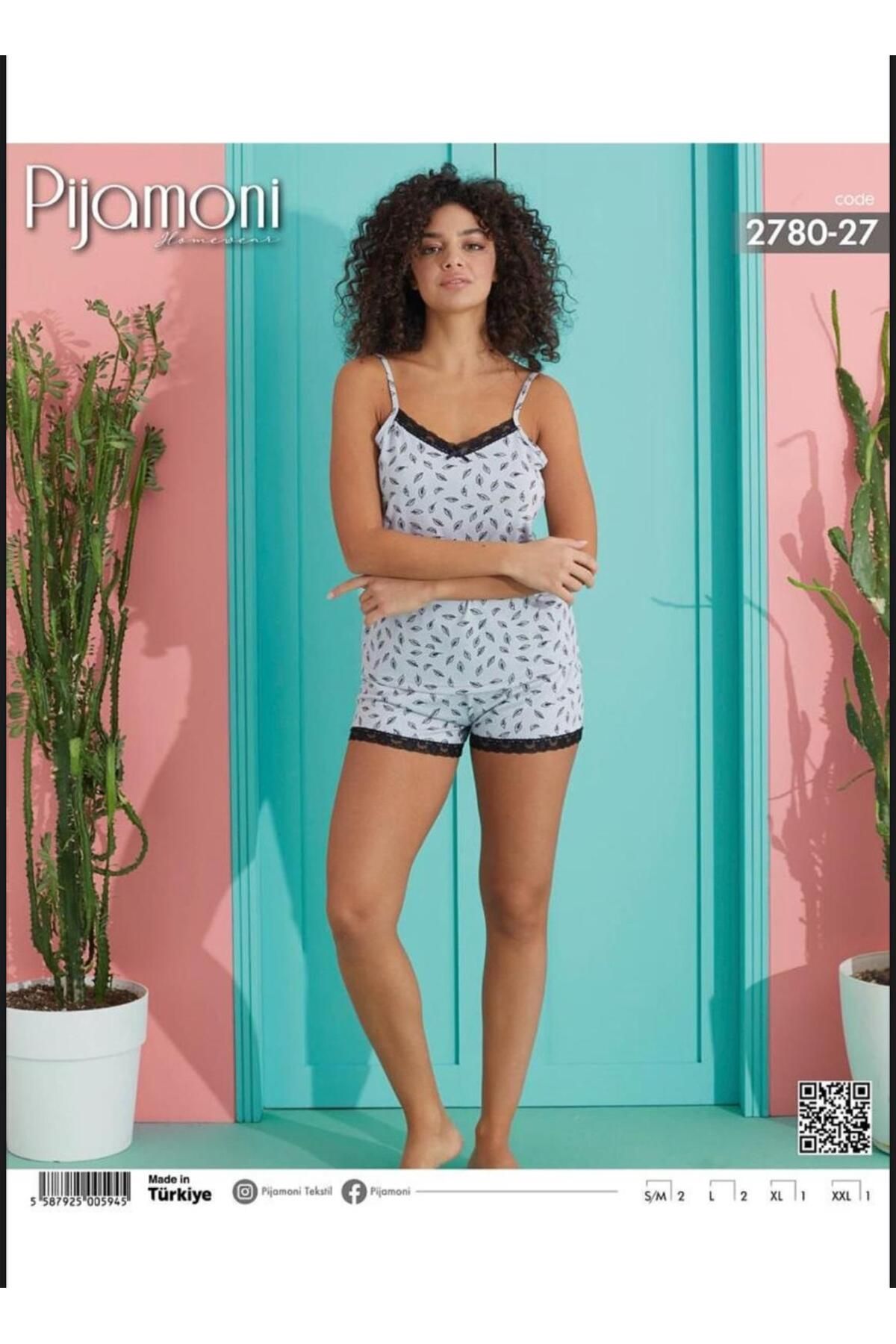 Pijamoni AÇIK MAVİ SİYAH DANTELLİ ŞIK PİJAMA TAKIMI