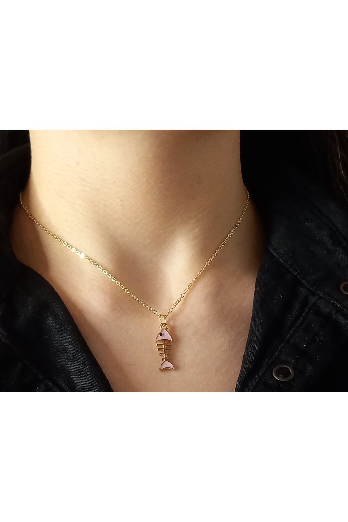Crystal Atelier Pembe Balık Kılçığı Altın Kaplama Çelik Kolye-Balık Kolye-Kadın Minimal Takı-Balık Kılçığı Kolye