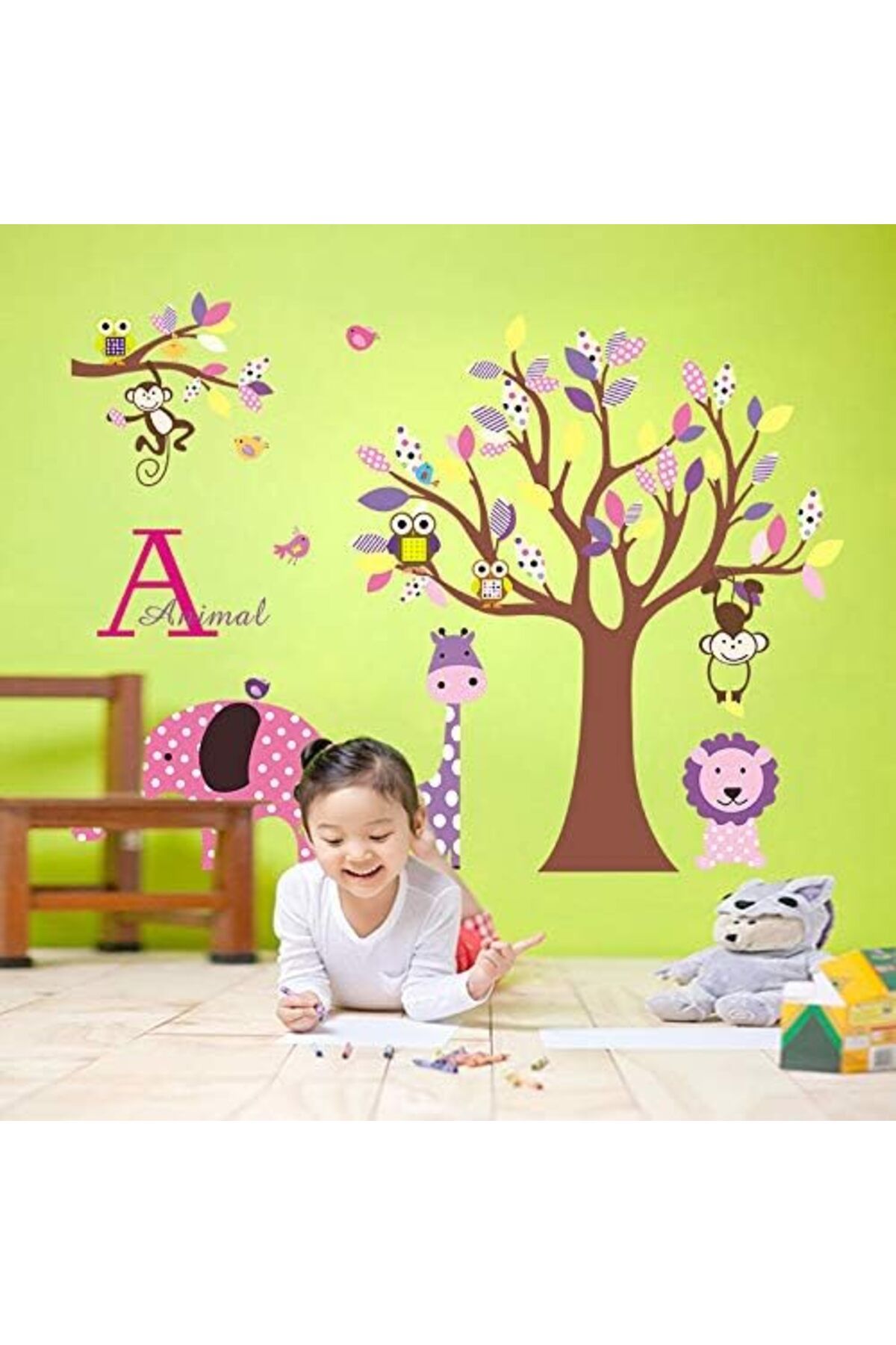 KDROĞLU plamystical Kids Çocuk Odası Dekorasyonu Pembe Mor Sevimli Hayvanlar ve Ağaç Hediyelik Duvar Dek