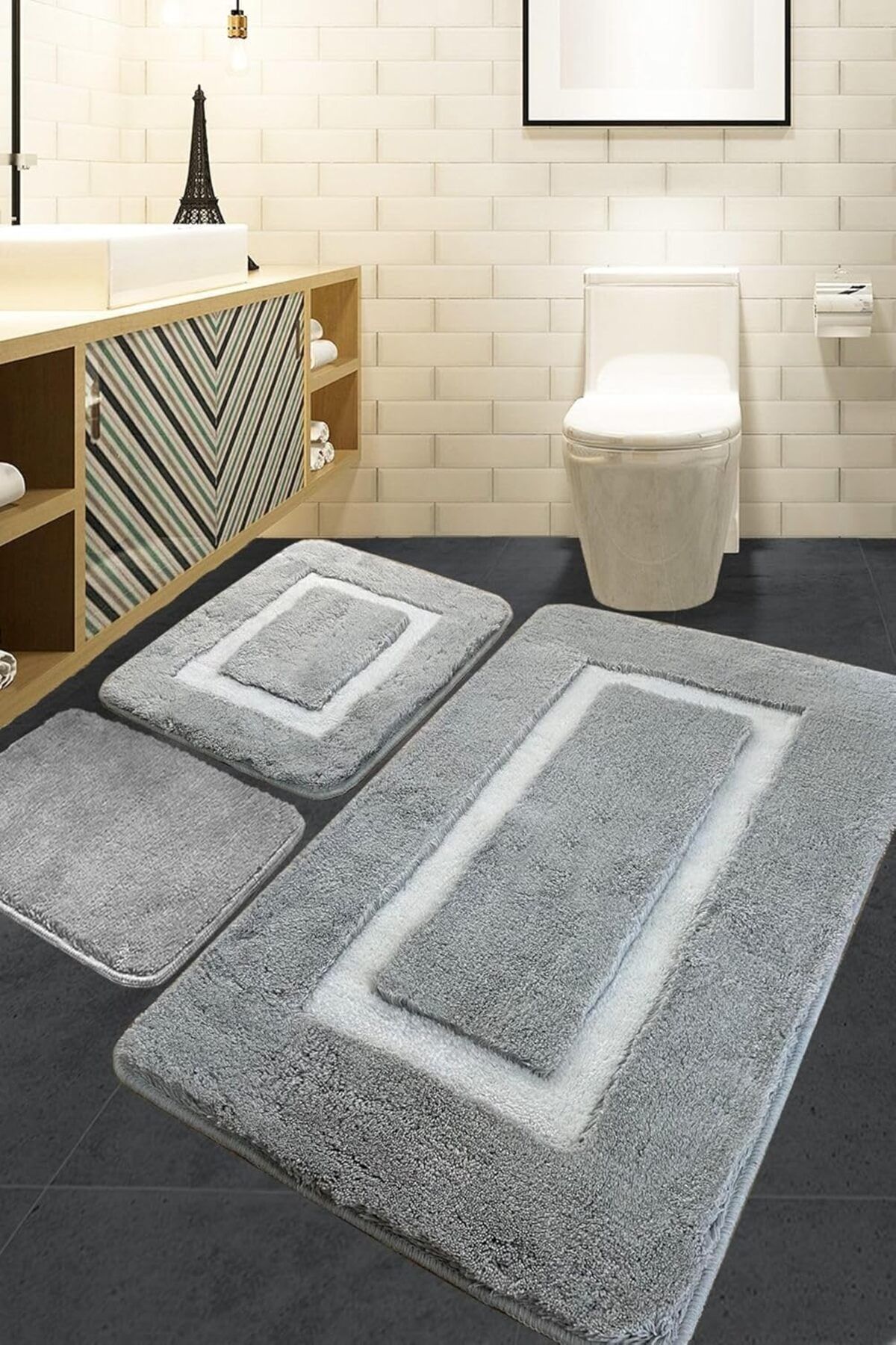 KDROĞLU plamystical Home Quadrato Frame Grey 3'lü Set Banyo Halısı Akrilik, 60 x 100 newing 1139529