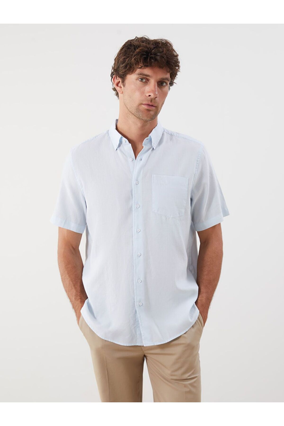 LC Waikiki SOUTHBLUE Regular Fit Kısa Kollu Çizgili Armürlü Erkek Gömlek