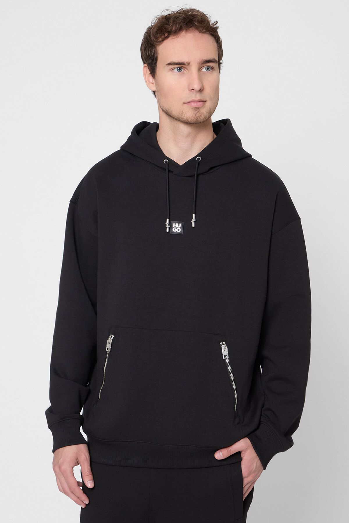 HUGO Erkek Rahat Kalıp Kapüşonlu Yaka Logo Kabartmalı Uzun Kollu Siyah Sweatshirt 50542583-001