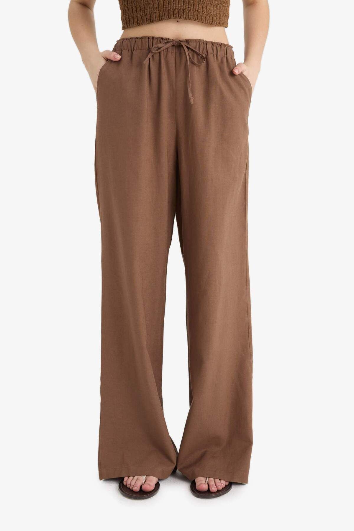 DeFacto Wide Leg Çift Cepli Beli Lastikli Standart Boy Keten Karışımlı Pantolon E1981AX25SM
