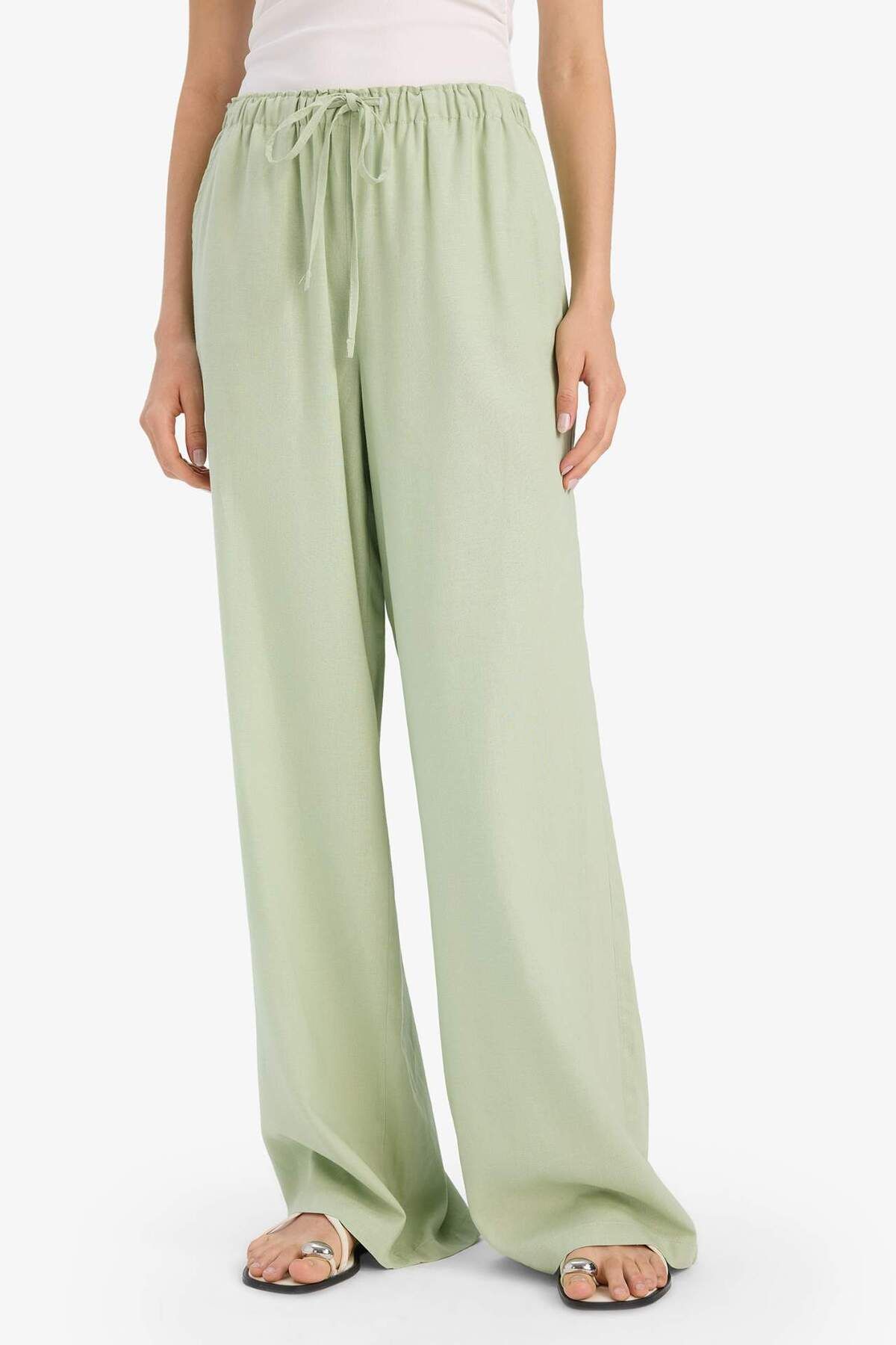 DeFacto Wide Leg Çift Cepli Beli Lastikli Standart Boy Keten Karışımlı Pantolon E1981AX25SM
