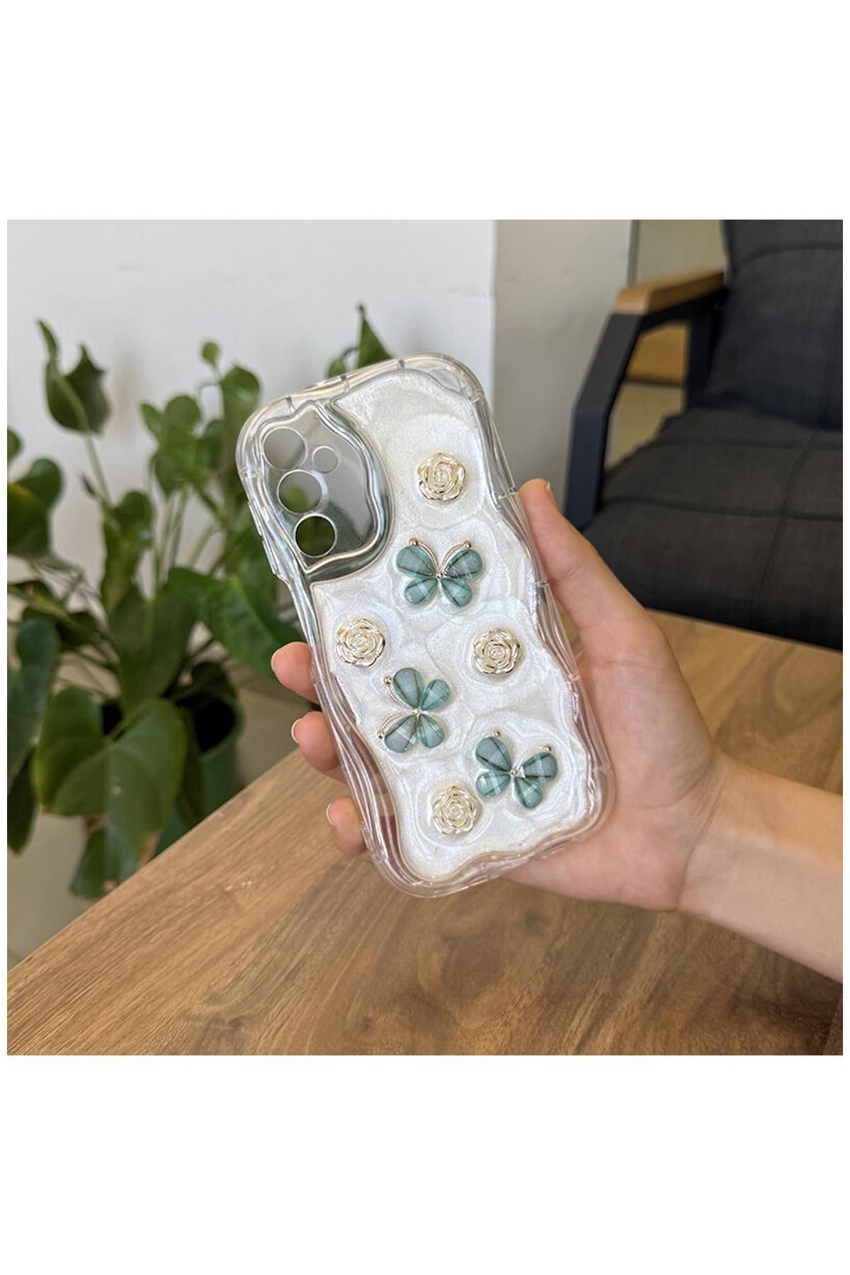Pro Aksesuar Samsung Galaxy S22 Uyumlu Kılıf Kelebekli Floral Silikon Kılıf Yeşil
