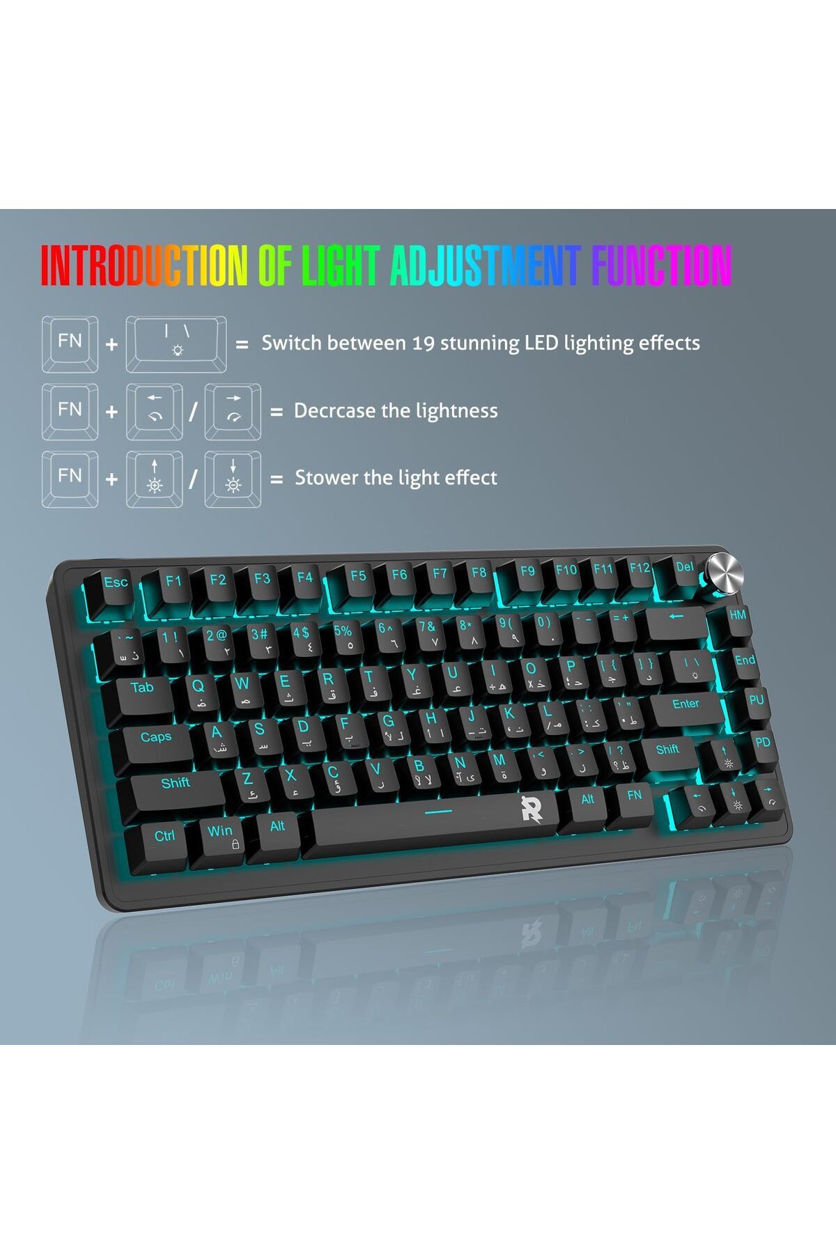 ROCK POW-Gaming Keyboard 70% Size by ROCK POW, Mechanical 82 Keys Arabic and English with Backlight 7