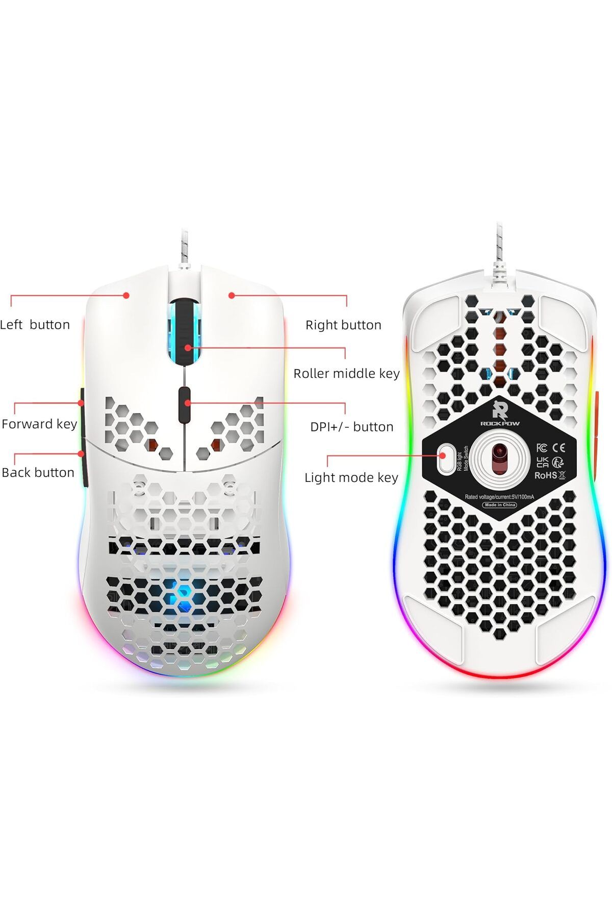 ROCK POW-Gaming Mouse, Honeycomb Design, RGB Backlight, Wired Mouse with 8000 DPI Optical Sensor 3