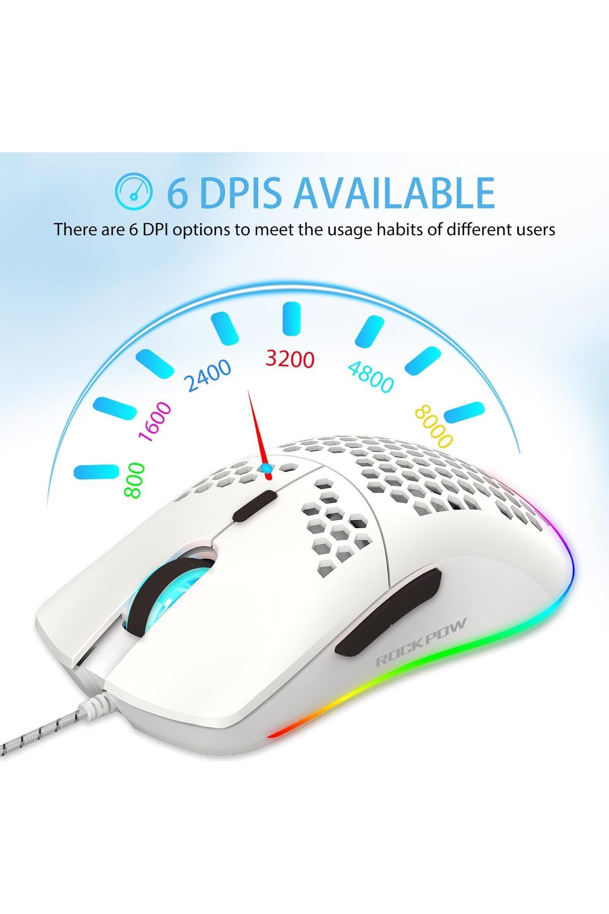 ROCK POW-Gaming Mouse, Honeycomb Design, RGB Backlight, Wired Mouse with 8000 DPI Optical Sensor 5