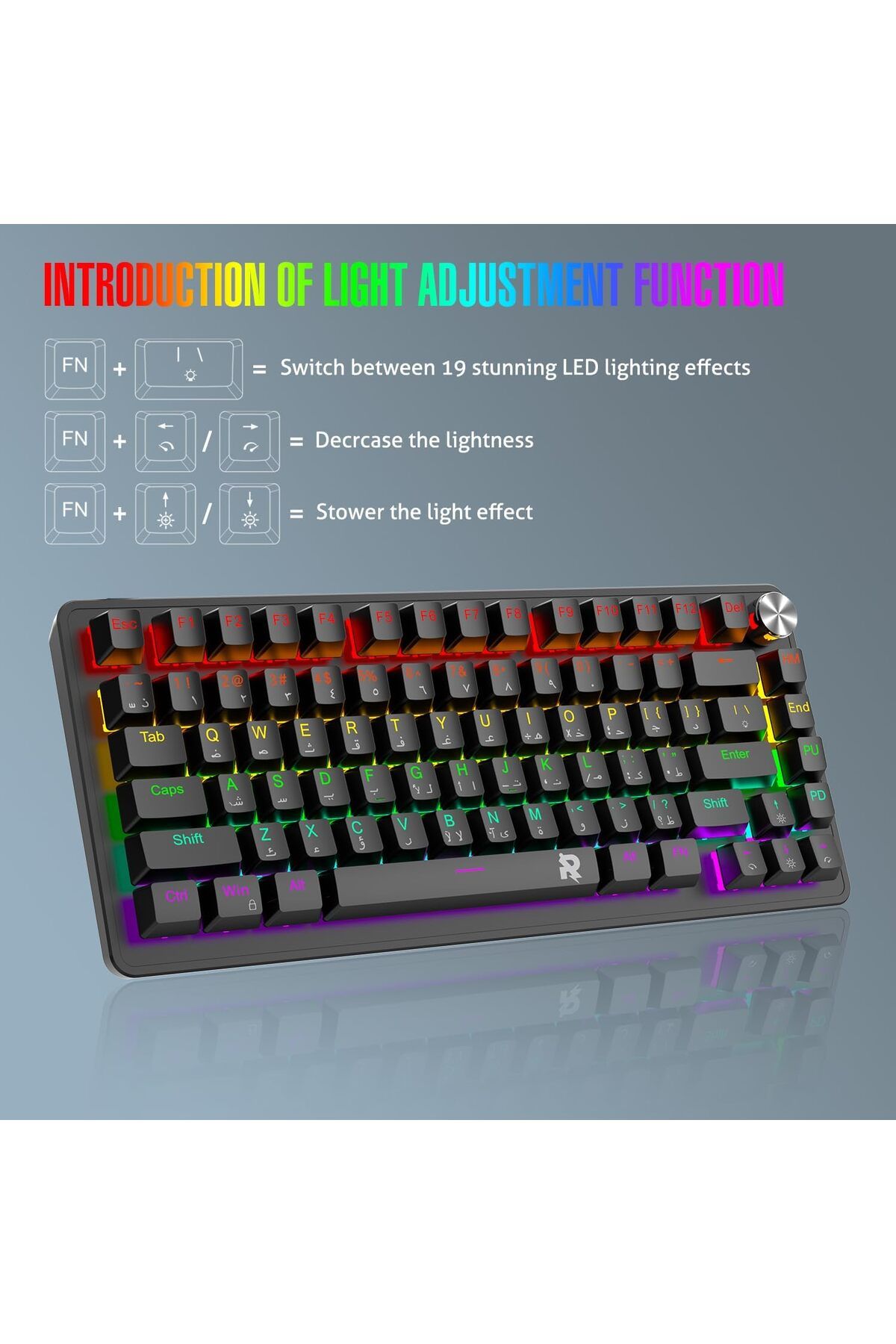 ROCK POW-70% Gaming Keyboard, Arabic English 82 Keys Mechanical Keyboard with RGB Backlit 19 Modes 7