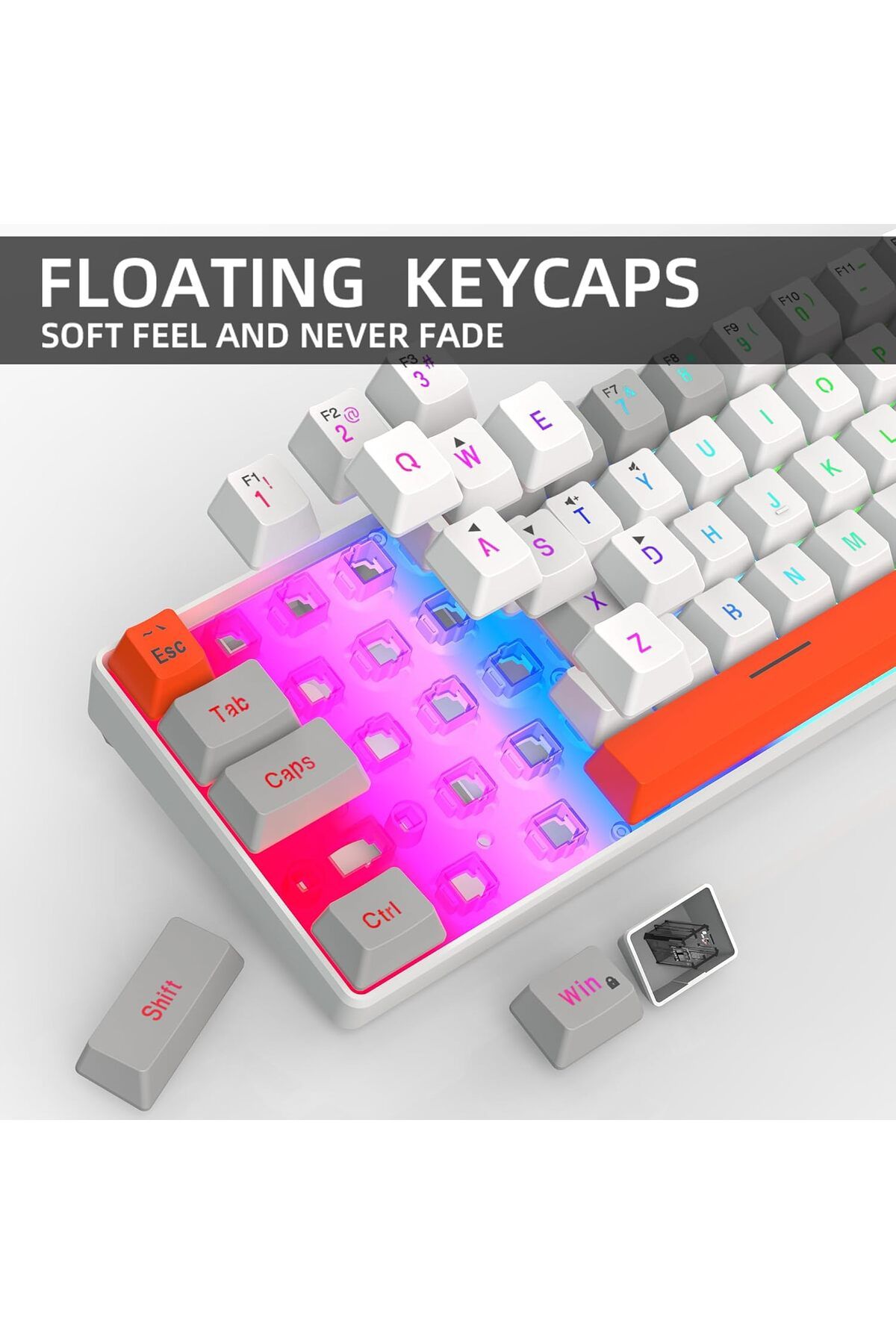 ROCK POW-60% Wired Gaming Keyboard, RGB Backlit Mini Keyboard, Waterproof Small Ultra-Compact 68 Key 5