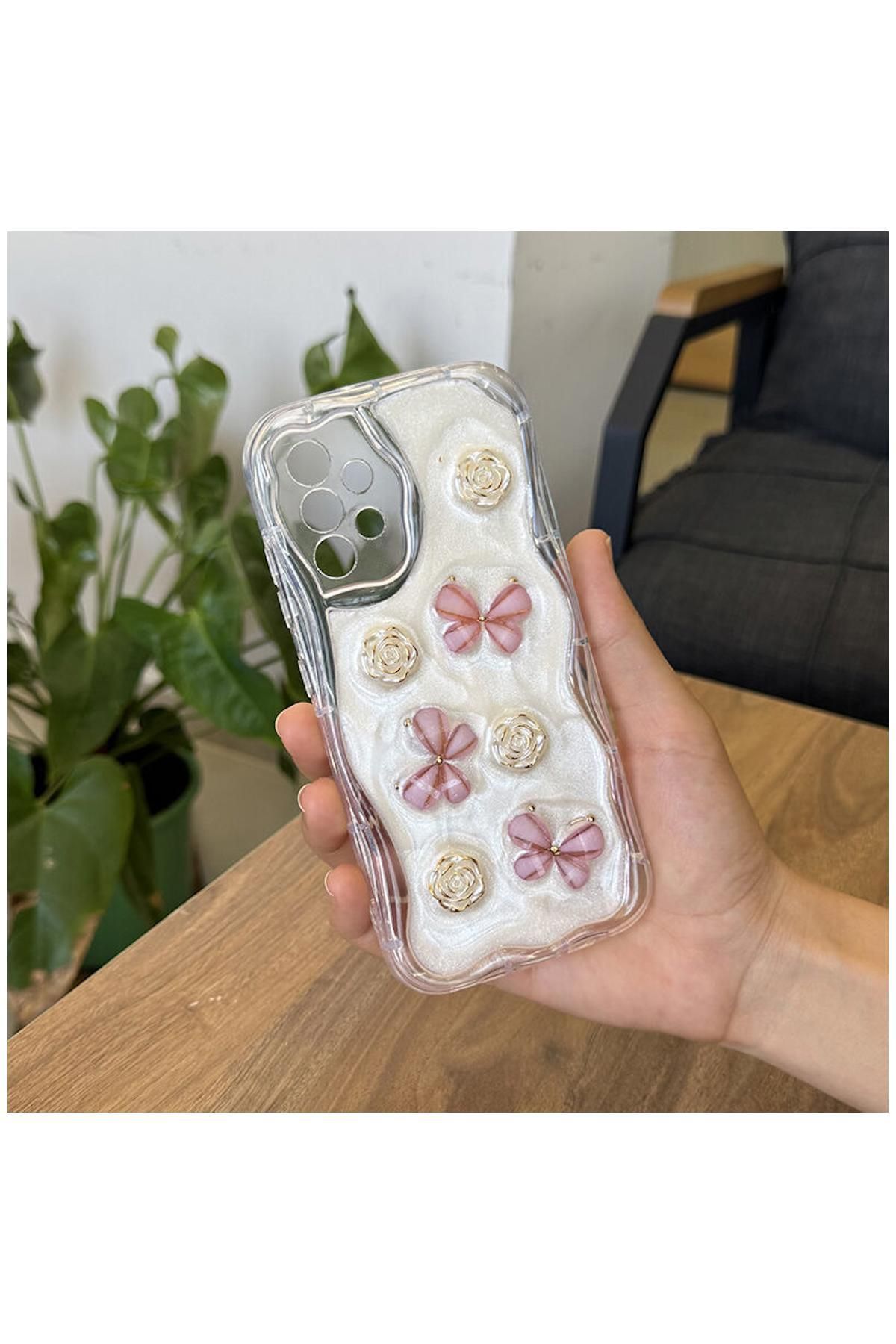 Pro Aksesuar Samsung Galaxy A13 Uyumlu Kılıf Kelebekli Floral Silikon Kılıf Rose Gold