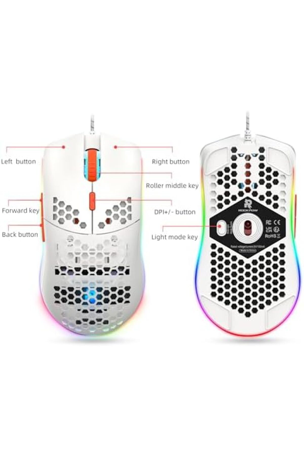 ROCK POW-Gaming Mouse with Honeycomb Design, 8000 DPI, Optical Sensor, 6 Programmable Buttons, RGB W 8