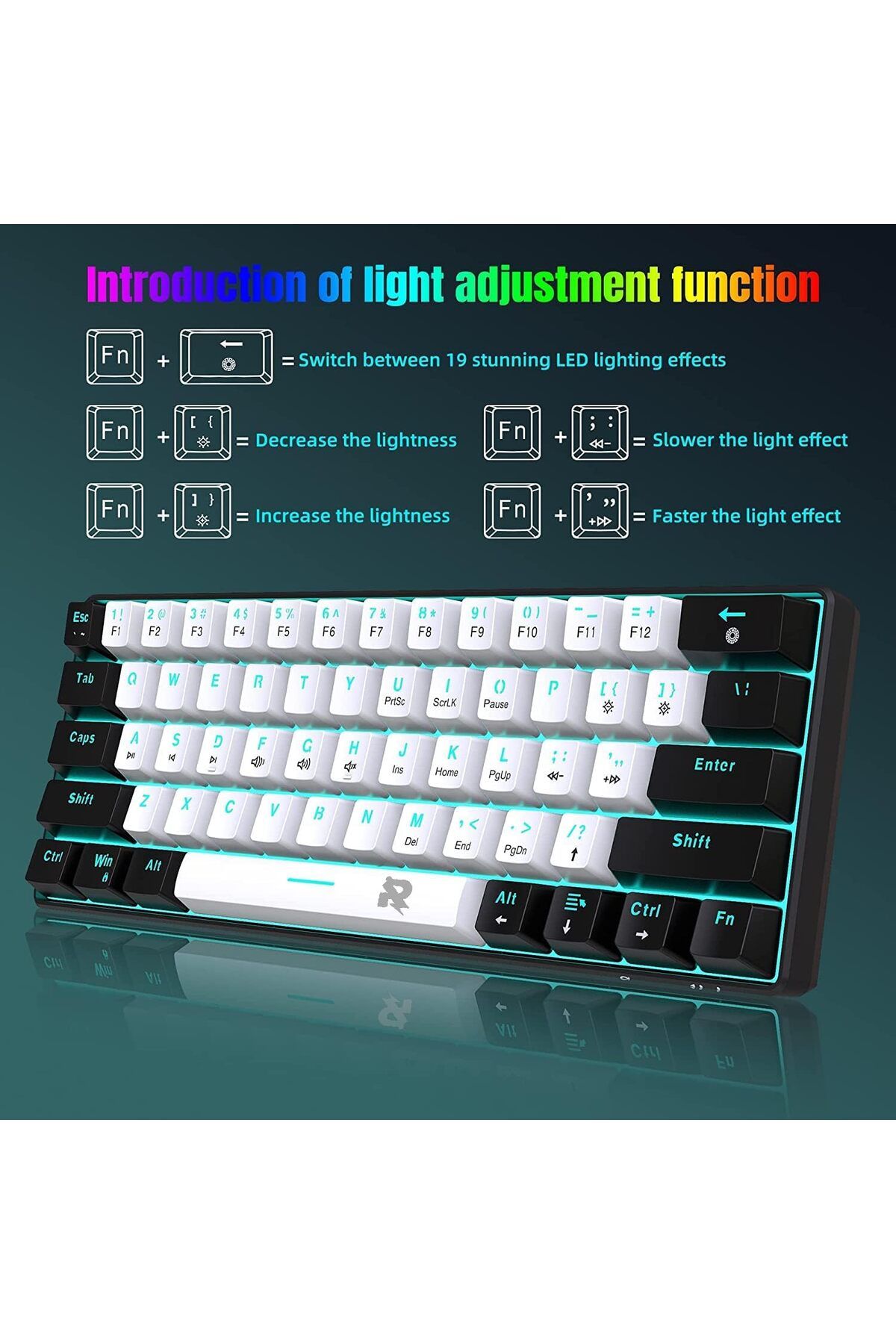 ROCK POW-Gaming Mechanical Keyboard, Wired Design, 60% Compact, Blue Switches, Multi-key Response, Compatible 7