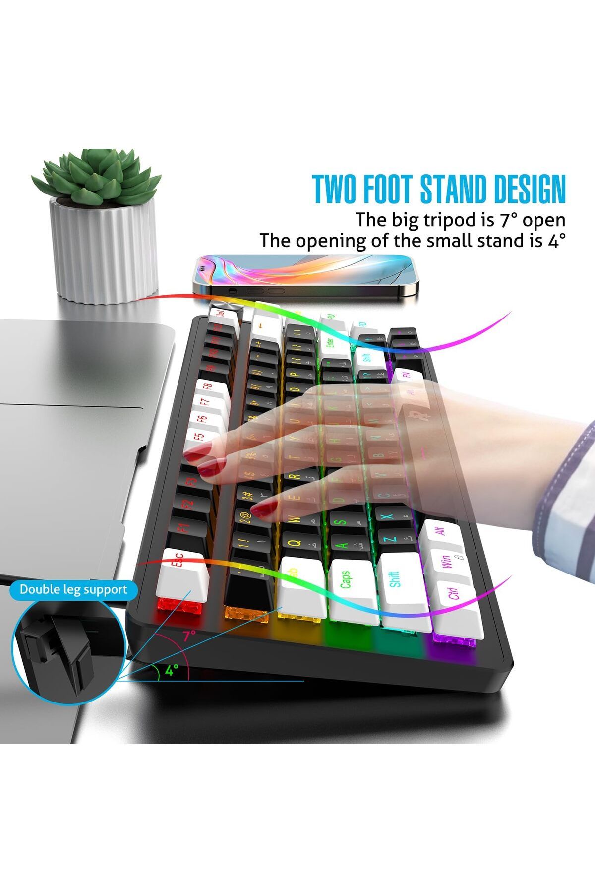 ROCK POW-70% Gaming Keyboard, Arabic English 82 Keys Mechanical Keyboard with RGB Backlit 19 Modes, 9