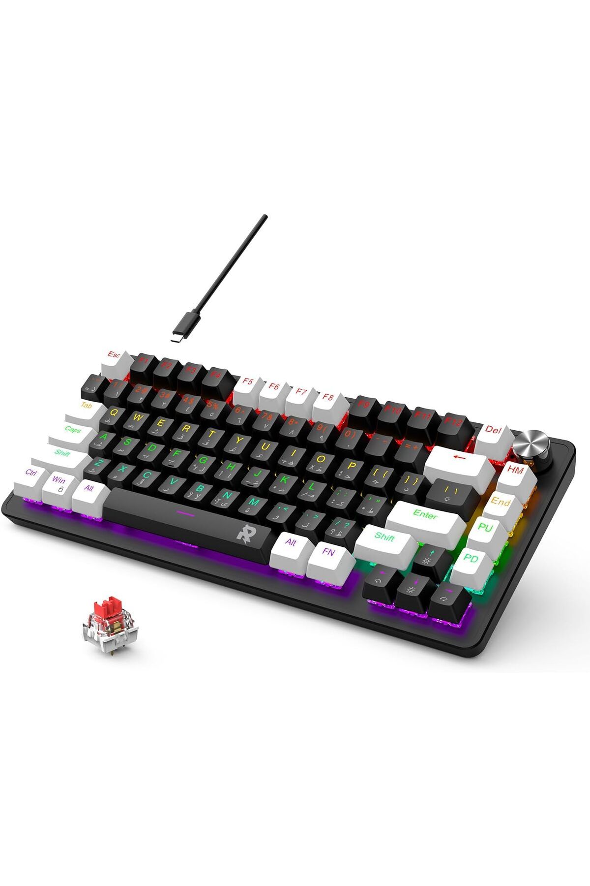 ROCK POW-70% Gaming Keyboard, Arabic English 82 Keys Mechanical Keyboard with RGB Backlit 19 Modes, 1