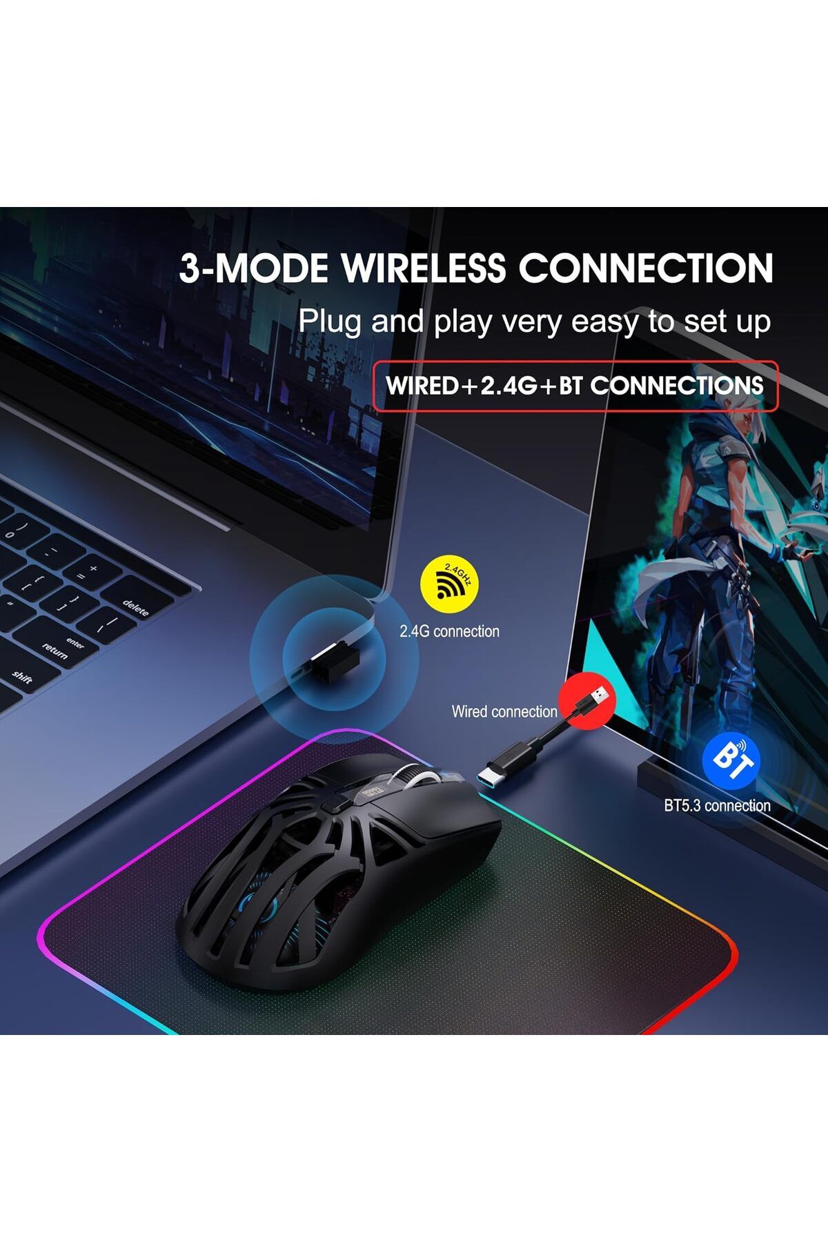 ROCK POW-Wireless Gaming Mouse, Triple Mode Bluetooth/2.4G/Wired, 6 Buttons Adjustable with 10000 DPI, Rechar 9
