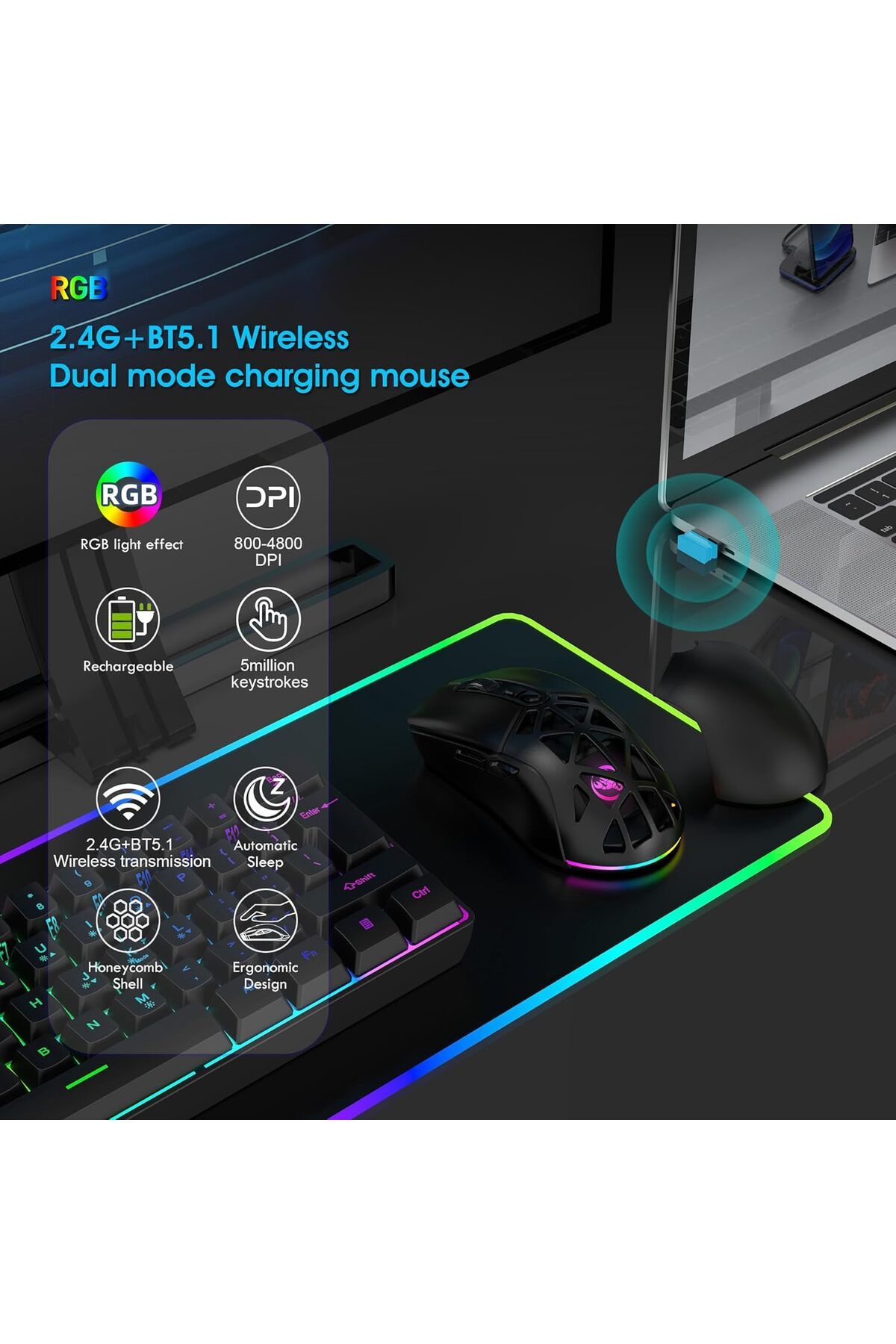 ROCK POW-Wireless Gaming Mouse, Tri-Mode Bluetooth/2.4G/Wired Mouse, 6 Buttons with Adjustable 4800 DPI, BT5. 3