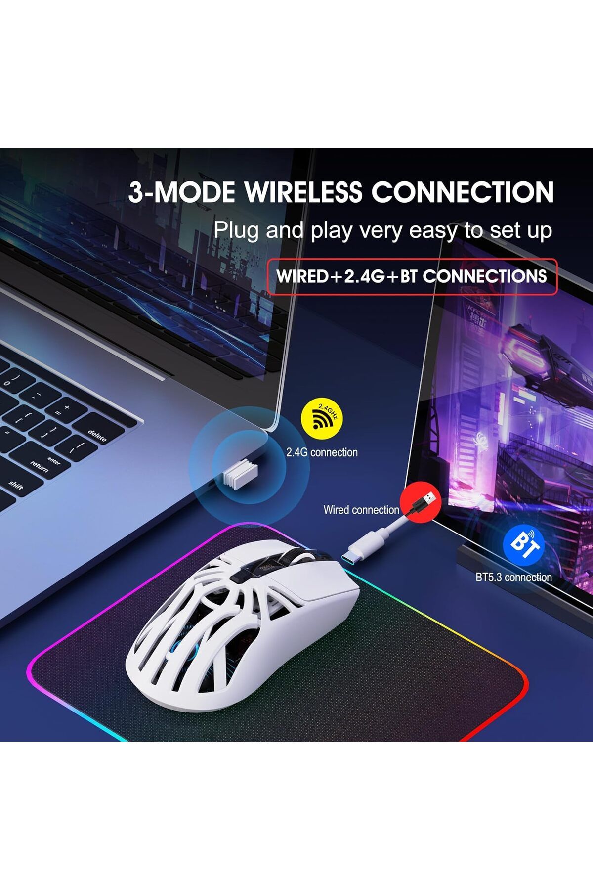 ROCK POW-Wireless Gaming Mouse, Triple Mode Bluetooth/2.4G/Wired, 6 Buttons with Adjustable DPI up to 10000, 5