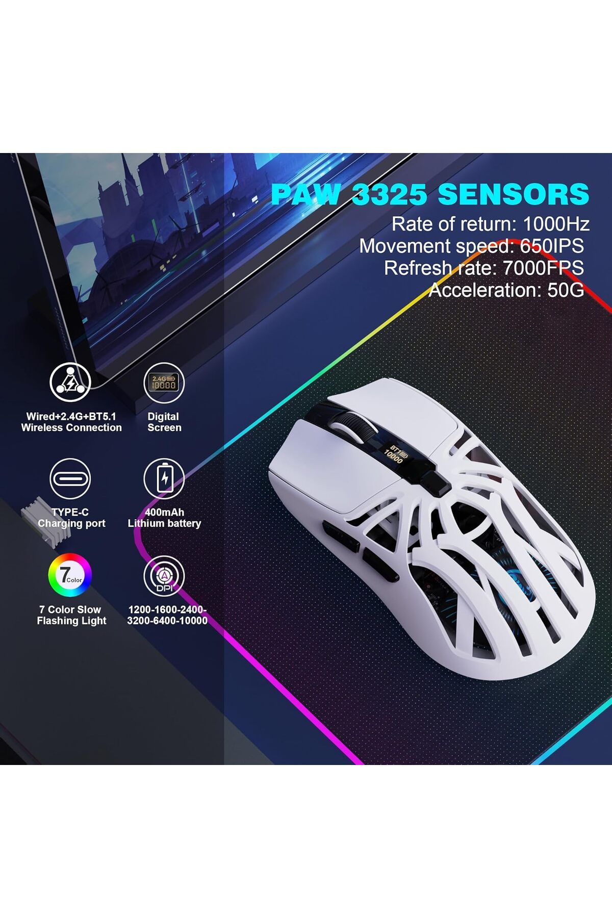 ROCK POW-Wireless Gaming Mouse, Triple Mode Bluetooth/2.4G/Wired, 6 Buttons with Adjustable DPI up to 10000, 9