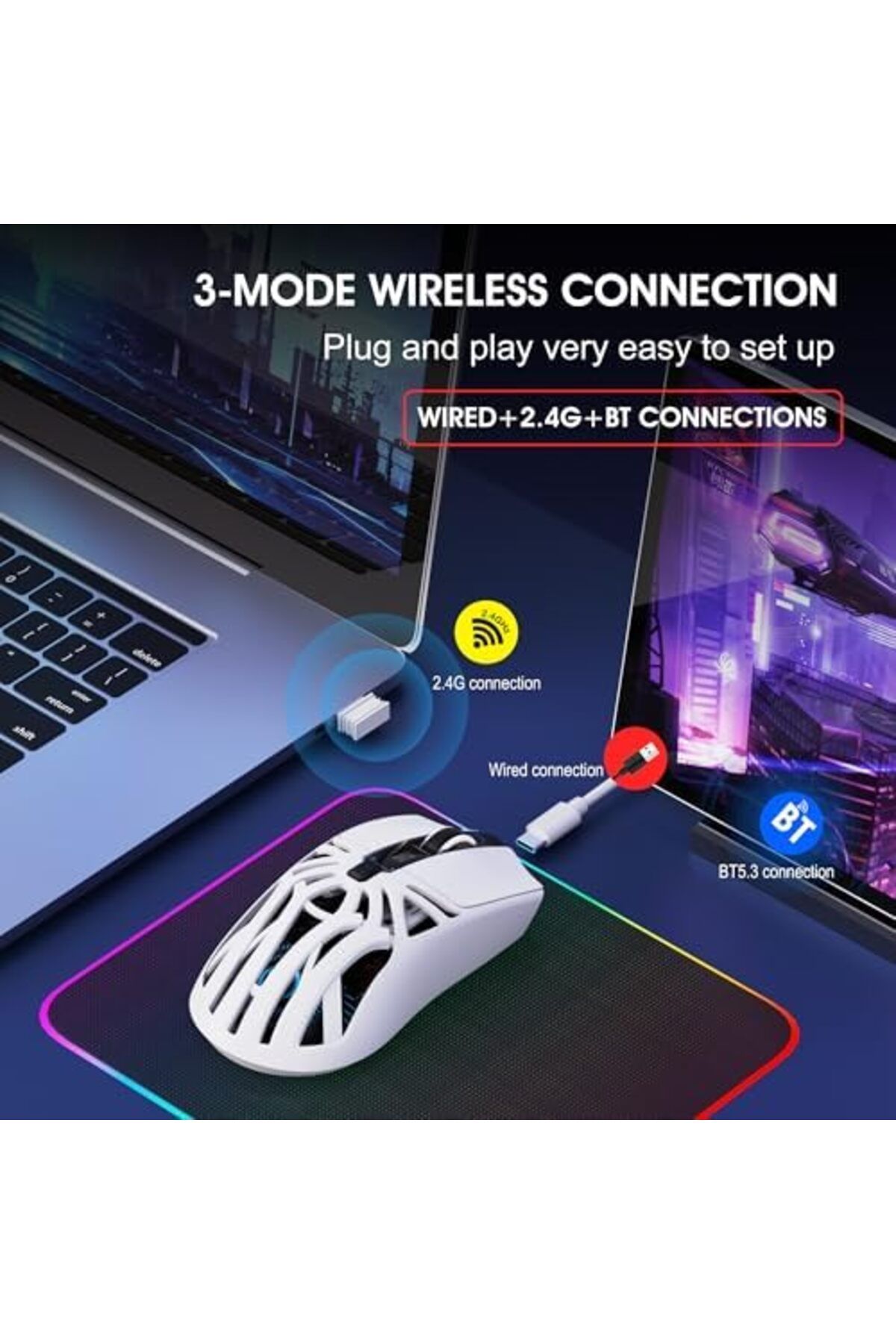ROCK POW-Wireless Gaming Mouse, Triple Mode Bluetooth/2.4G/Wired, 6 Buttons with Adjustable DPI up to 10000, 6