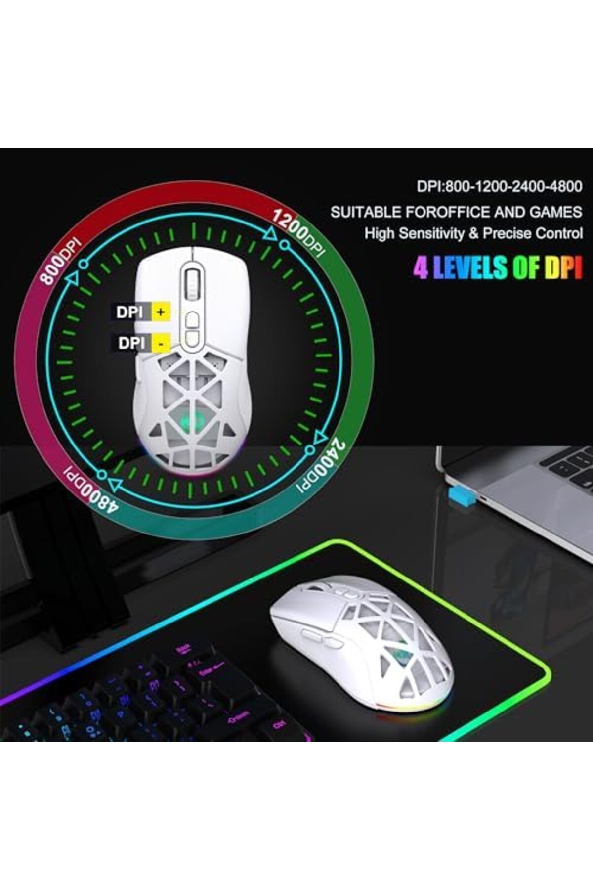 ROCK POW-Wireless Gaming Mouse, Tri-Mode Bluetooth/2.4G/Wired Mouse, 6 Buttons with Adjustable 4800 DPI, BT 5 4