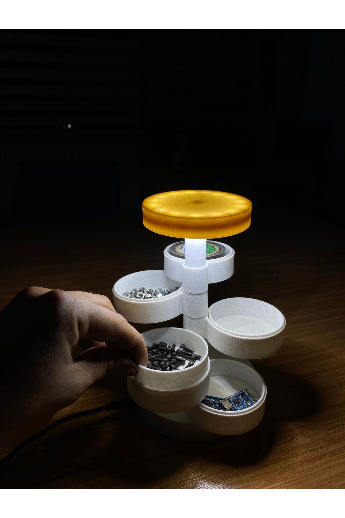 3D Baskı flx LED Işıklı 3D Baskı Organizer Lamba – Masaüstü Düzenleyici, Döner Parça Kutusu, El Yapımı