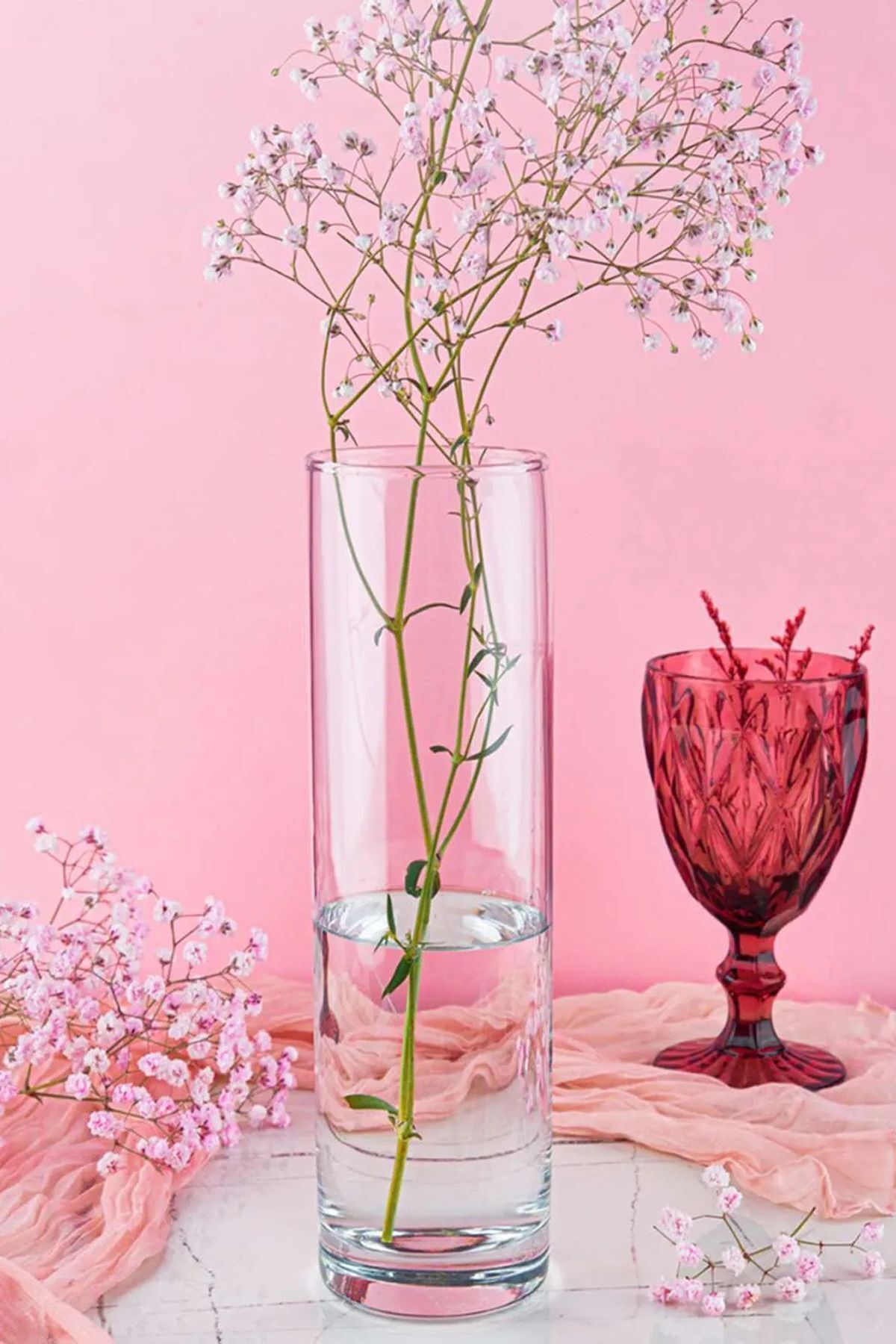 Elioure Silindir Cam Vazo, 23 cm yükseklik, 9 cm genişlik, pürüzsüz yüzey, beyaz renk