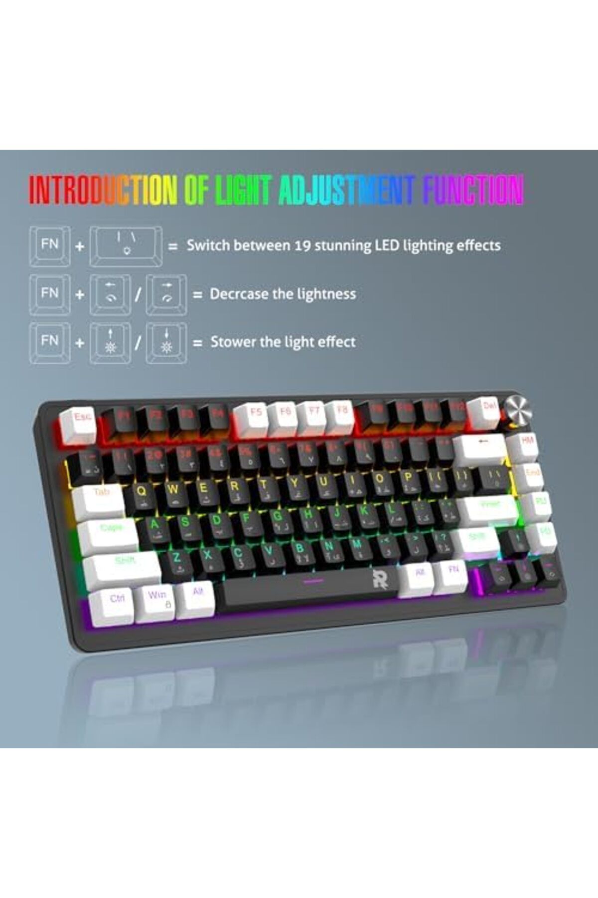 ROCK POW-70% Gaming Keyboard, Arabic English 82 Keys Mechanical Keyboard with RGB Backlit 19 Modes, 8
