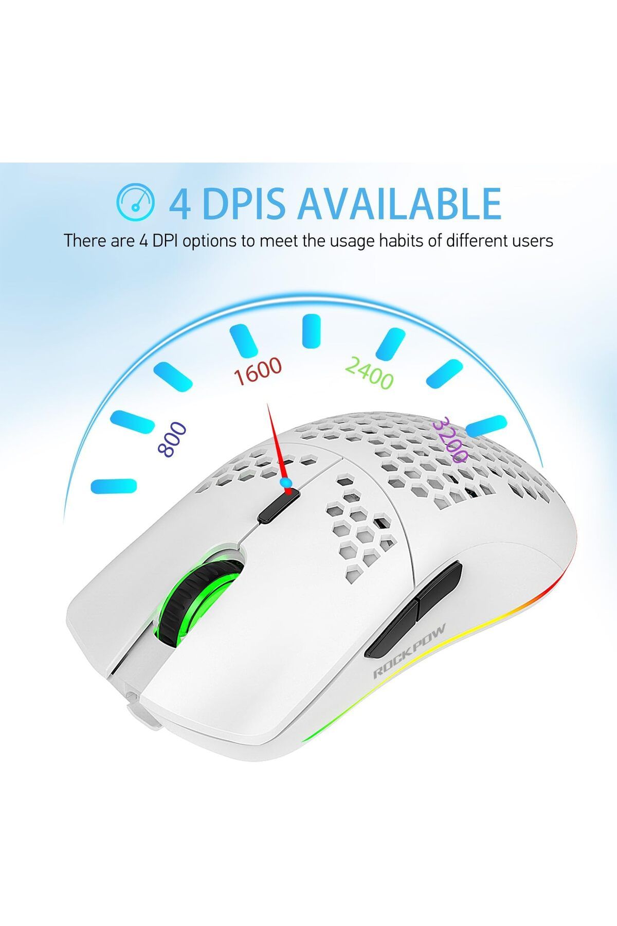 ROCK POW-Wireless Gaming Mouse with Honeycomb Lightweight Design, 6 Programmable Buttons, Adjustable DPI, RGB 5